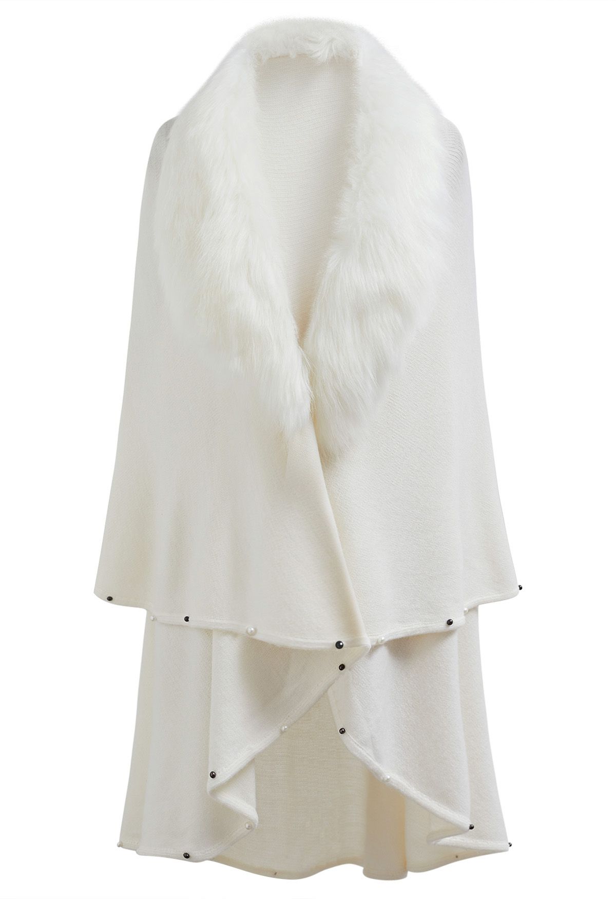 Faux Fur Beads Trim Poncho in Ivory