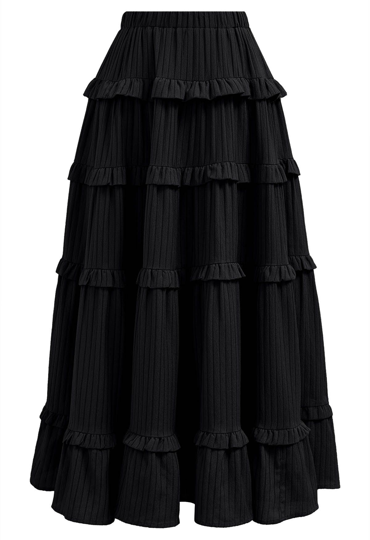 Ruffle Tiered Stripe Texture Maxi Skirt in Black