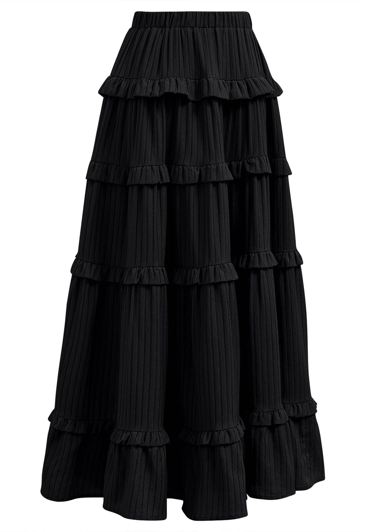 Ruffle Tiered Stripe Texture Maxi Skirt in Black