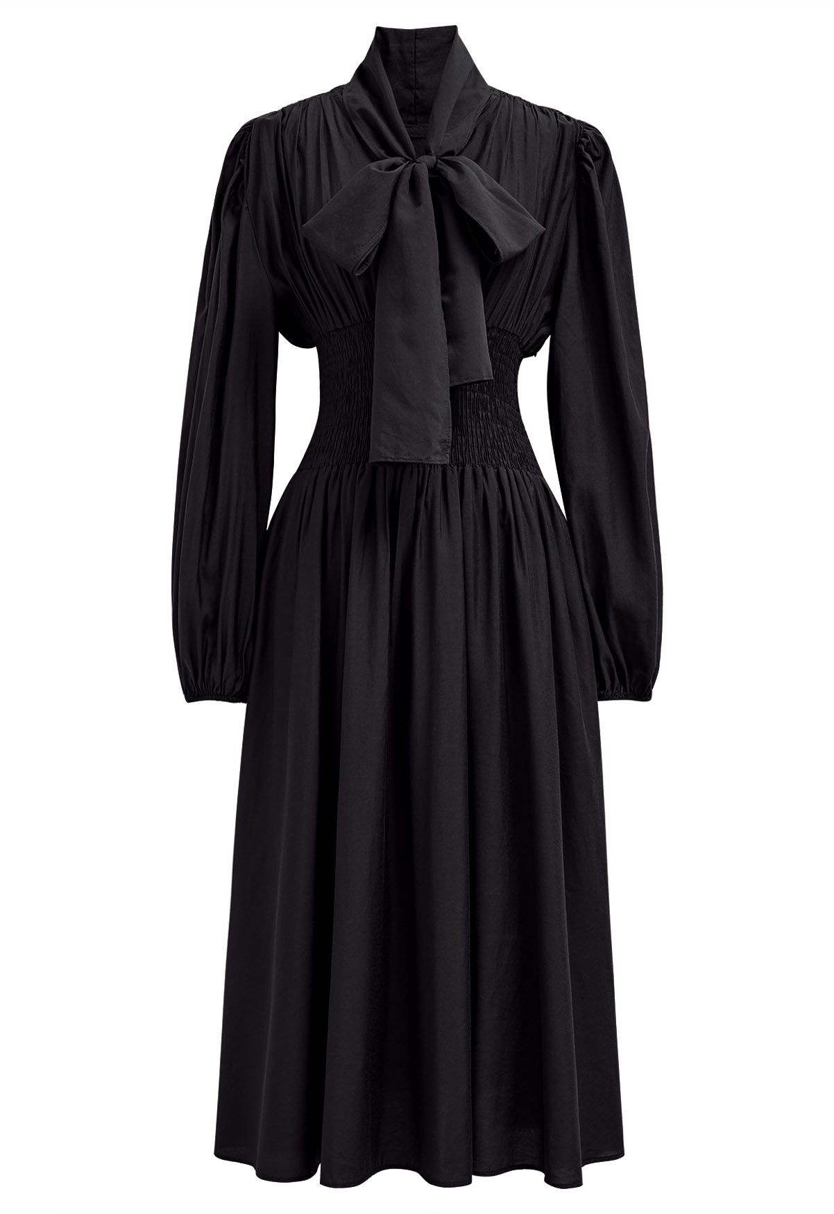 Self-Tie Bowknot Neckline Puff Sleeves Midi Dress in Black