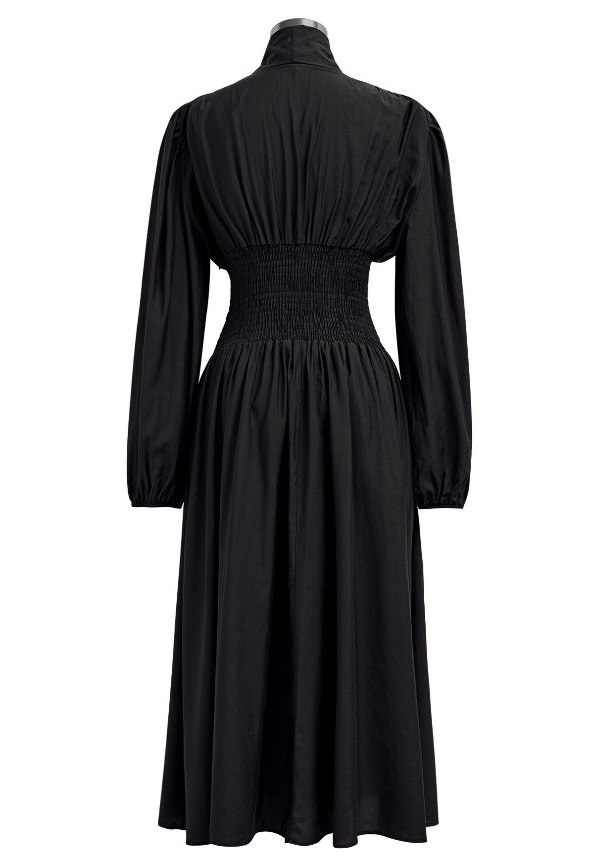 Self-Tie Bowknot Neckline Puff Sleeves Midi Dress in Black