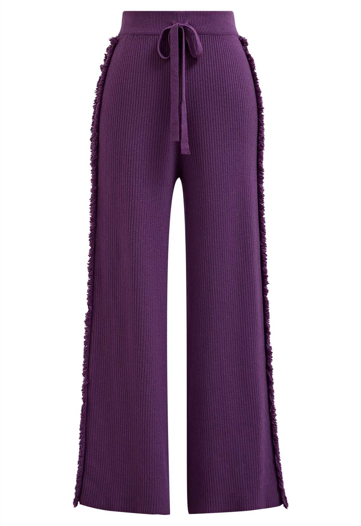 Side Tassel Trim Straight-Leg Knit Pants in Purple