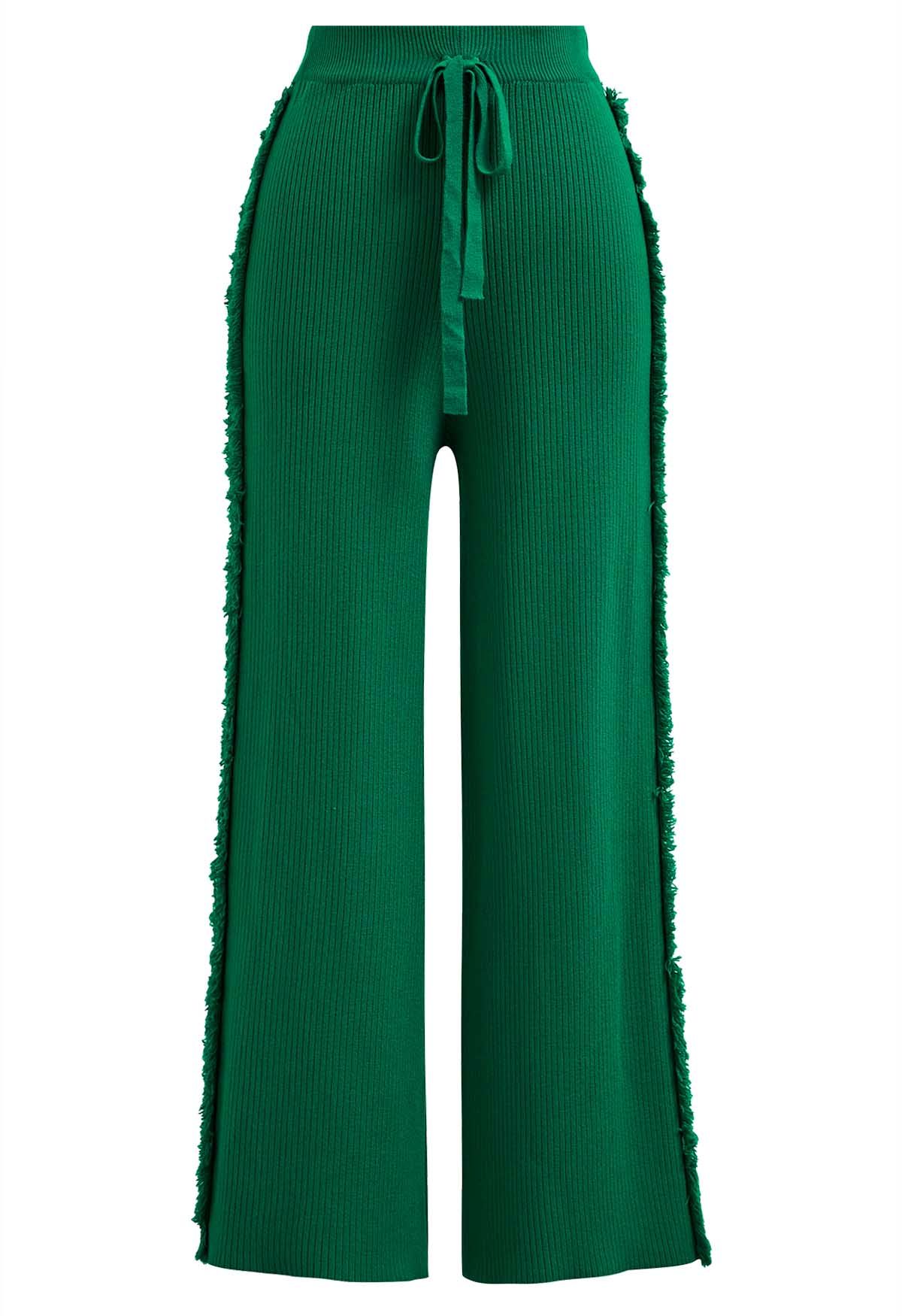 Side Tassel Trim Straight-Leg Knit Pants in Green