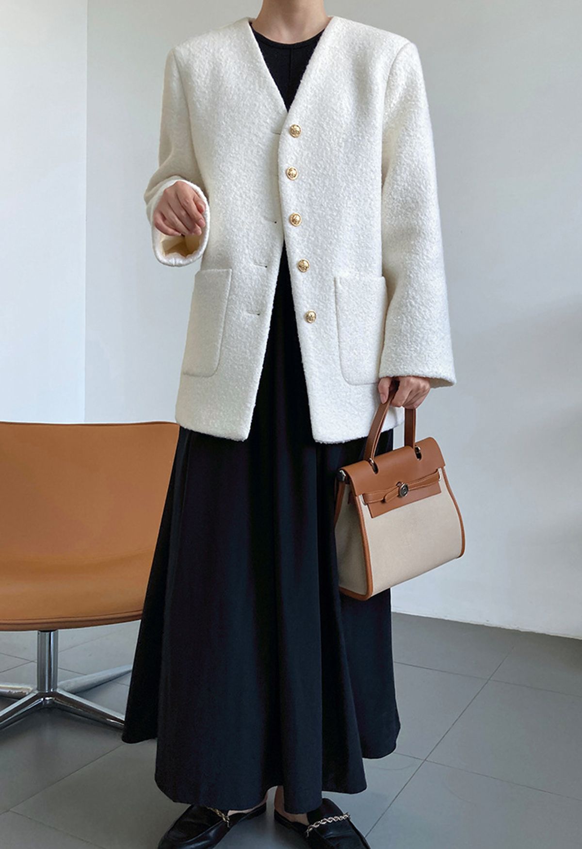 Collarless Button Down Wool-Blend Coat in Ivory