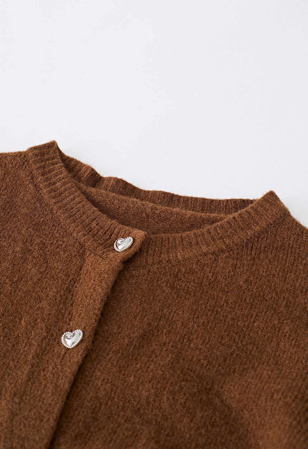 Heart-Shape Button Cropped Knit Cardigan in Brown