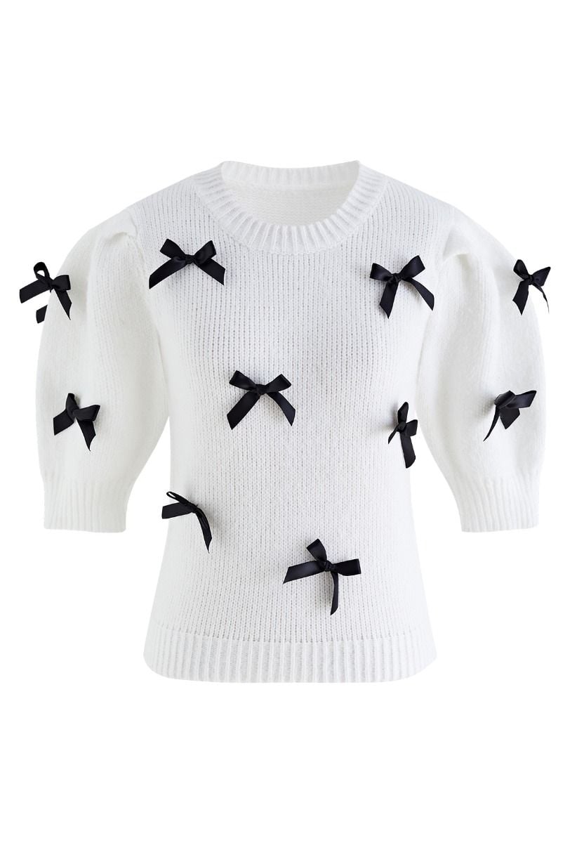 Bowknot Embellished Short Sleeve Knit Sweater in White