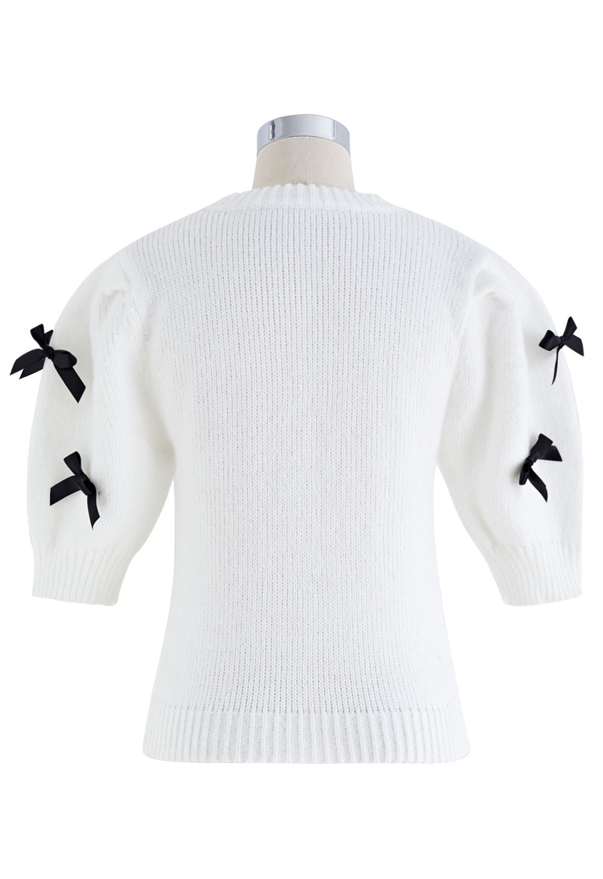 Bowknot Embellished Short Sleeve Knit Sweater in White