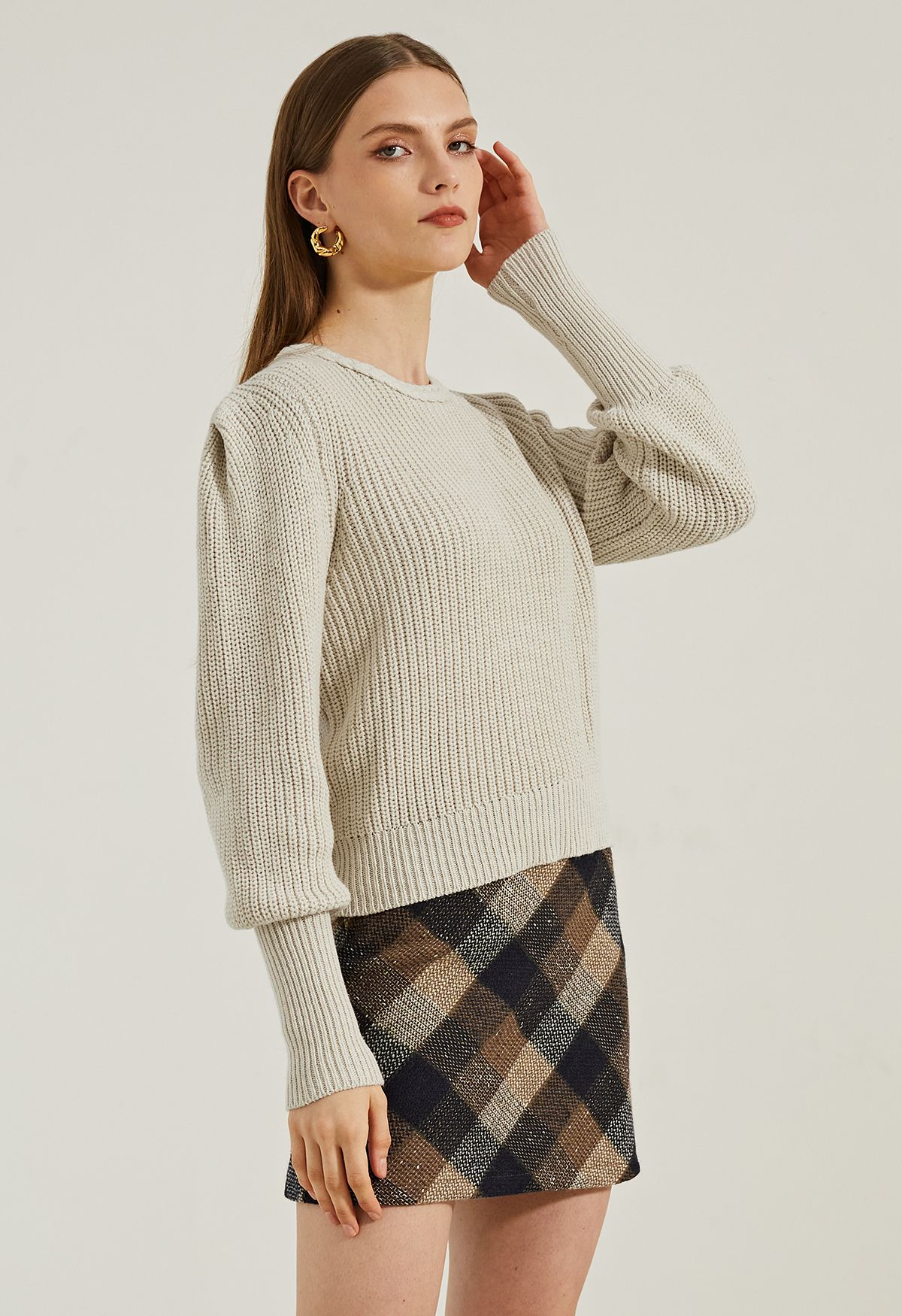 Braided Neck Puff Sleeve Rib Knit Top in Oatmeal