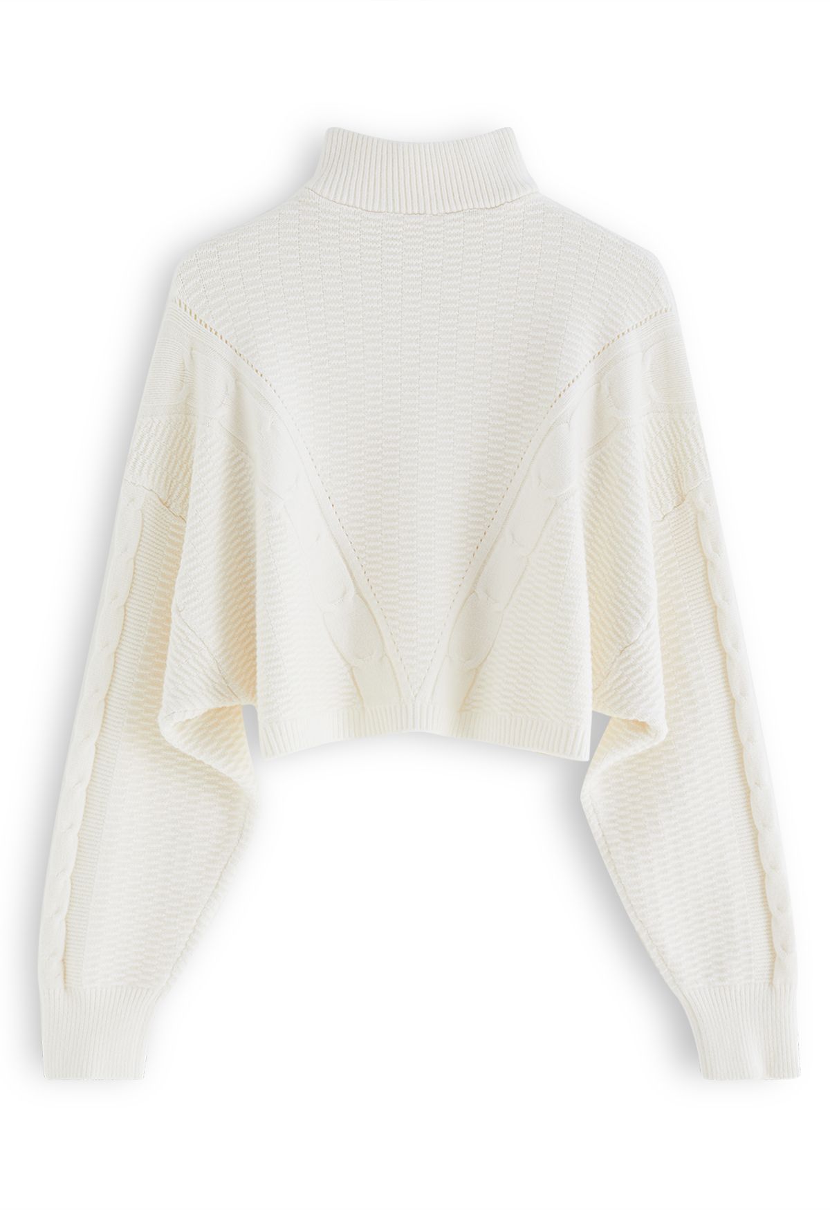 Zipper Neck Embossed Braided Knit Crop Top in Ivory