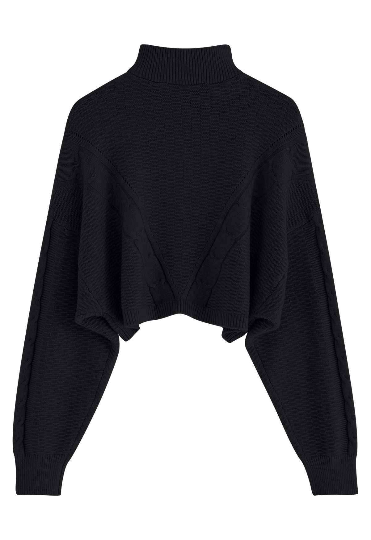 Zipper Neck Embossed Braided Knit Crop Top in Black