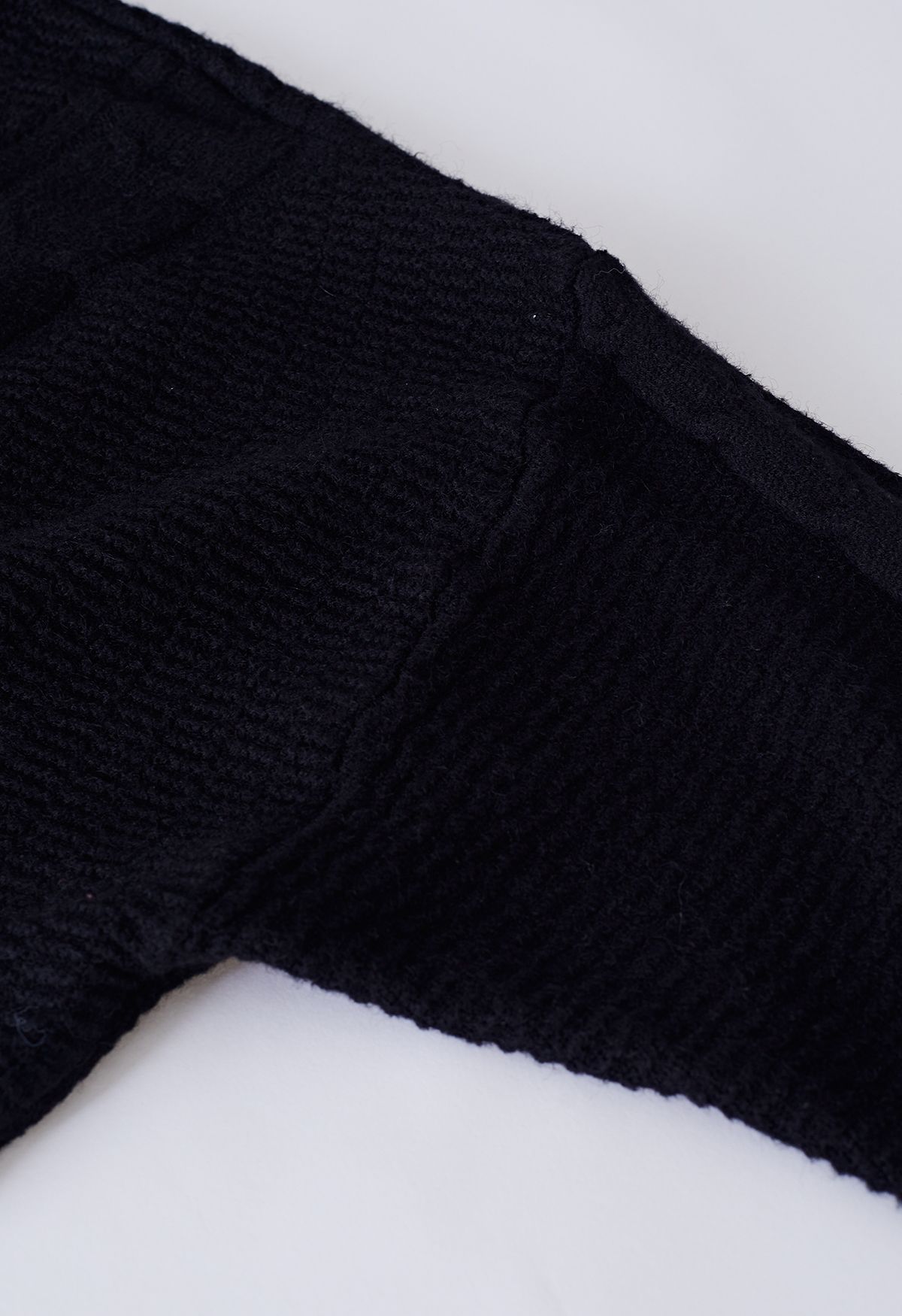 Zipper Neck Embossed Braided Knit Crop Top in Black