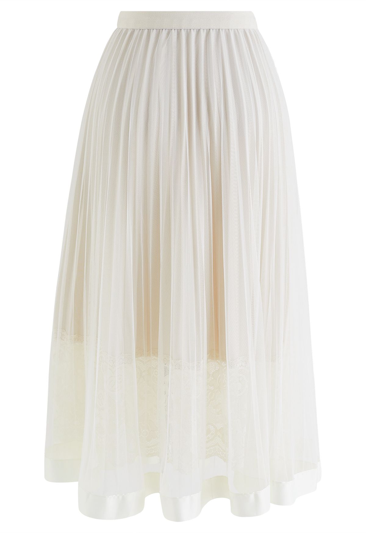 Lace Hem Double-Layered Mesh Midi Skirt in Cream