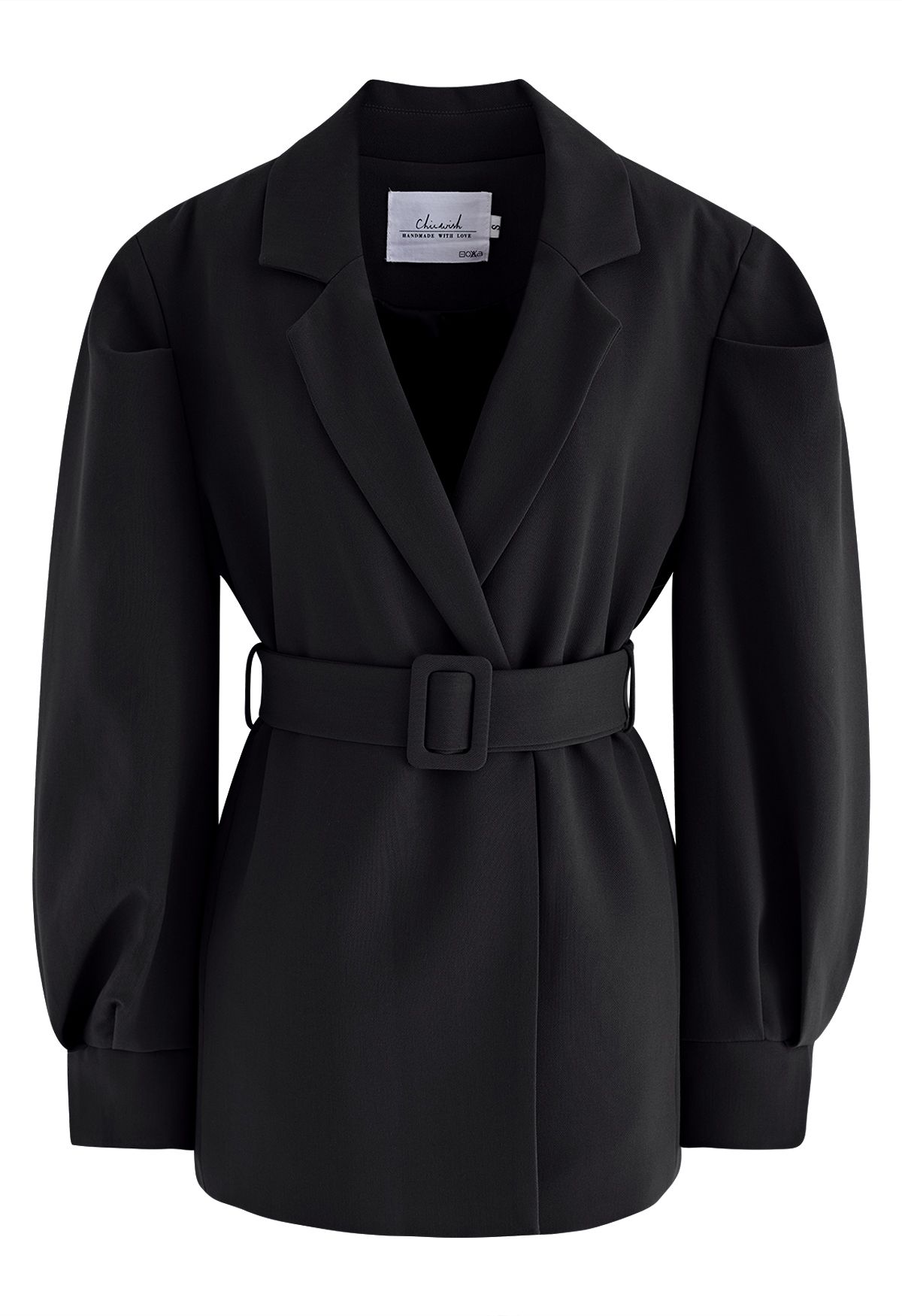 Belted Puff Shoulder Blazer in Black