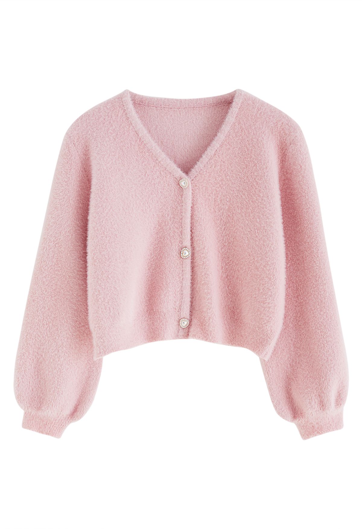 Heart-Shape Button Fuzzy Crop Cardigan in Pink