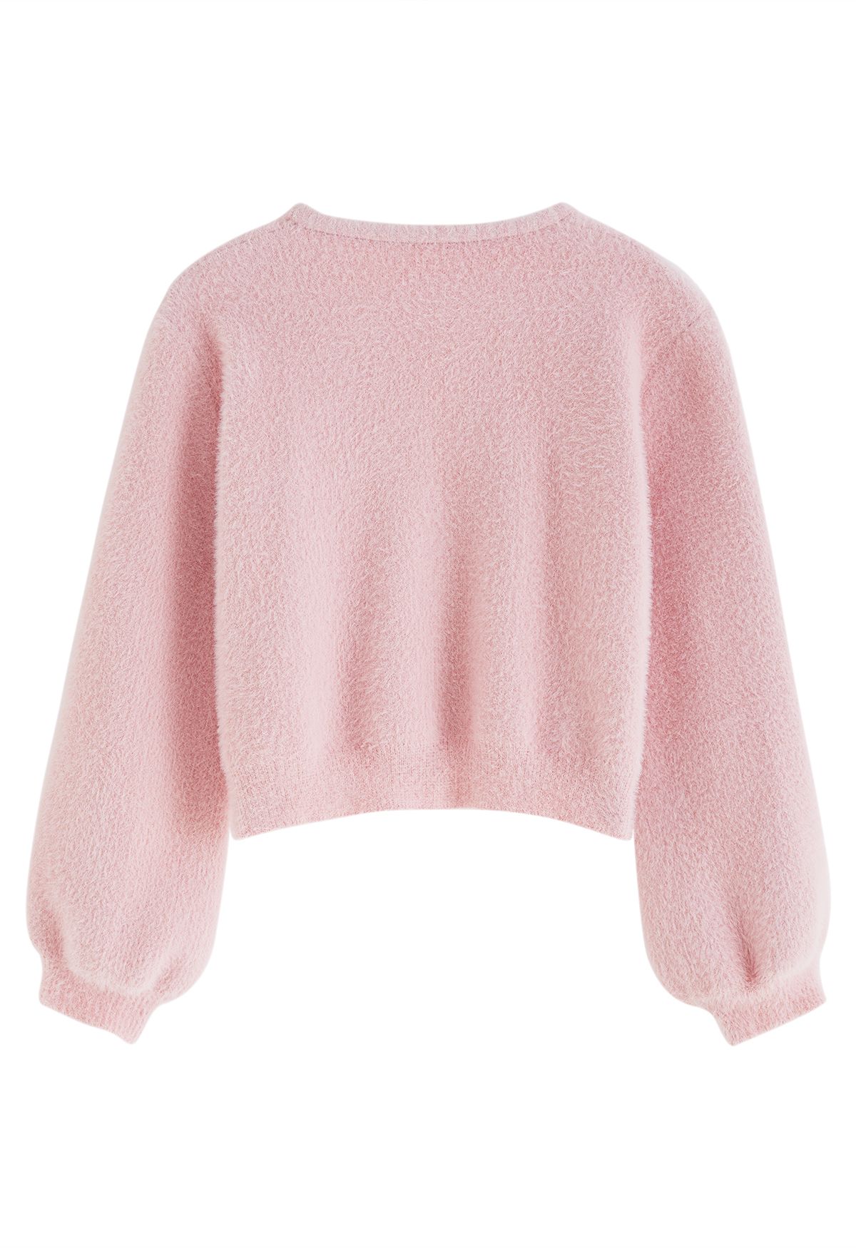 Heart-Shape Button Fuzzy Crop Cardigan in Pink