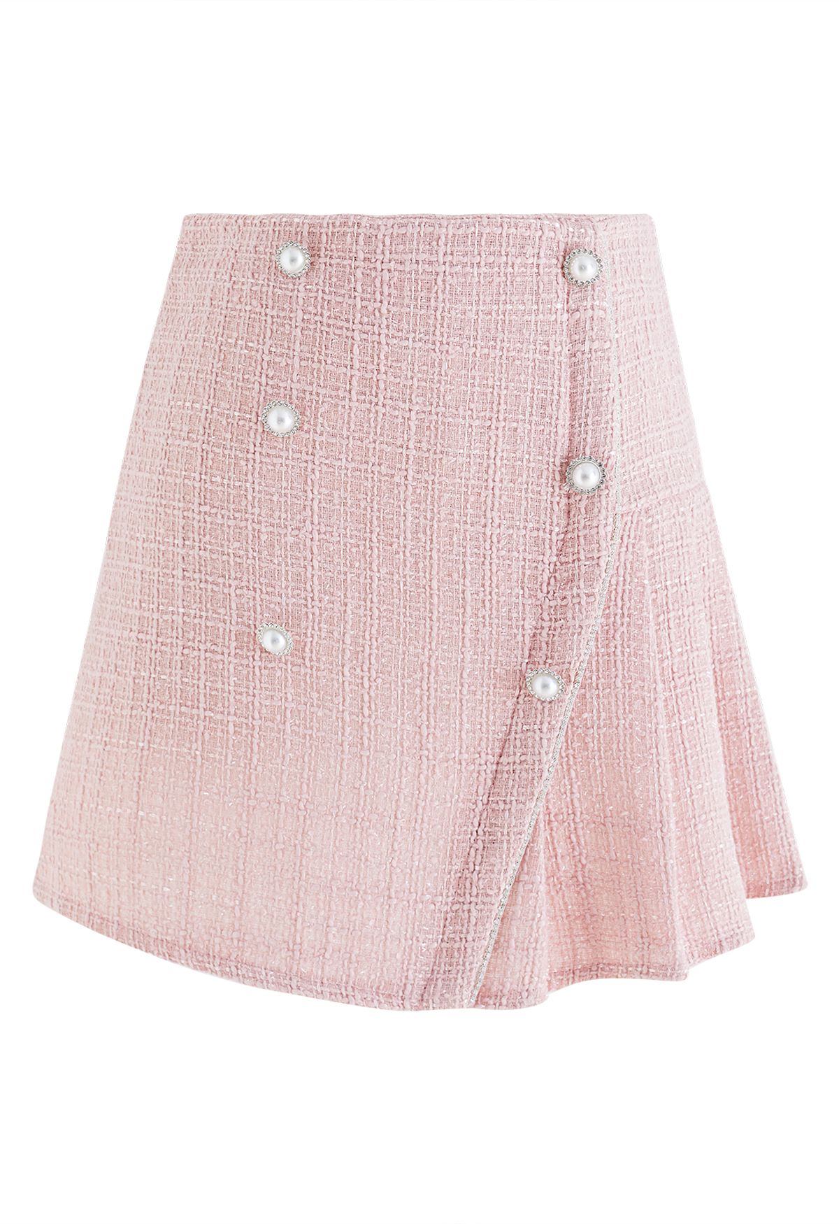 Double-Breasted Pleated Tweed Mini Skirt in Pink