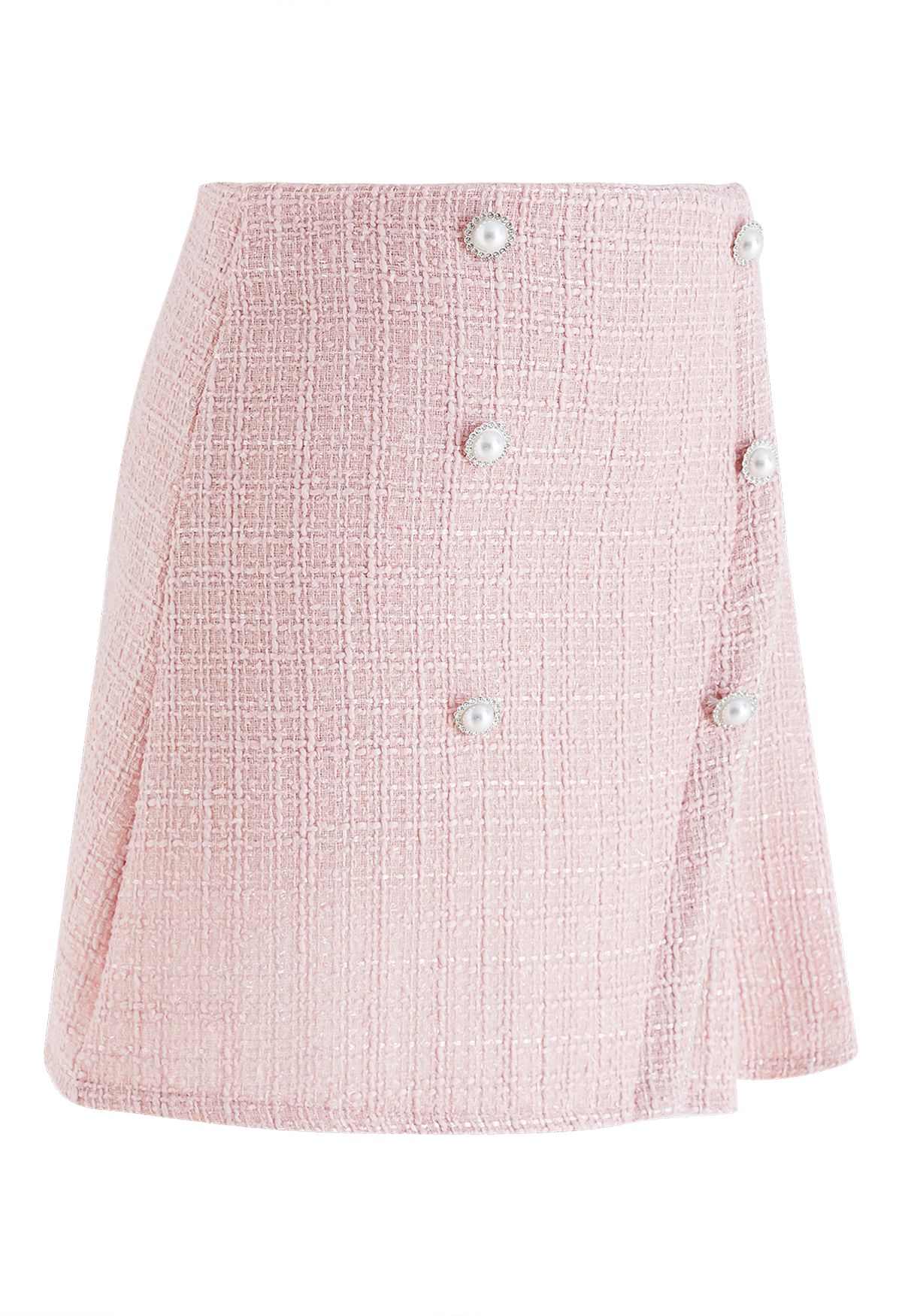 Double-Breasted Pleated Tweed Mini Skirt in Pink