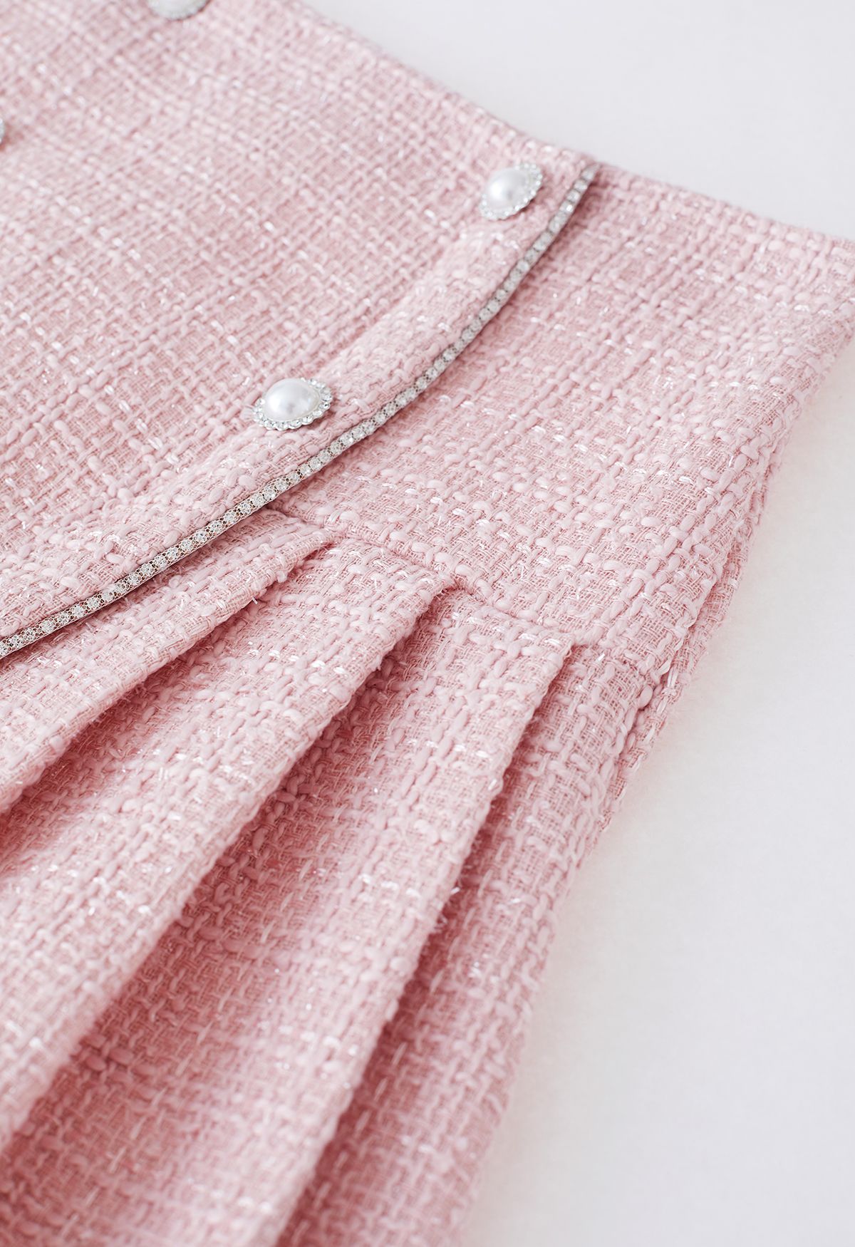 Double-Breasted Pleated Tweed Mini Skirt in Pink