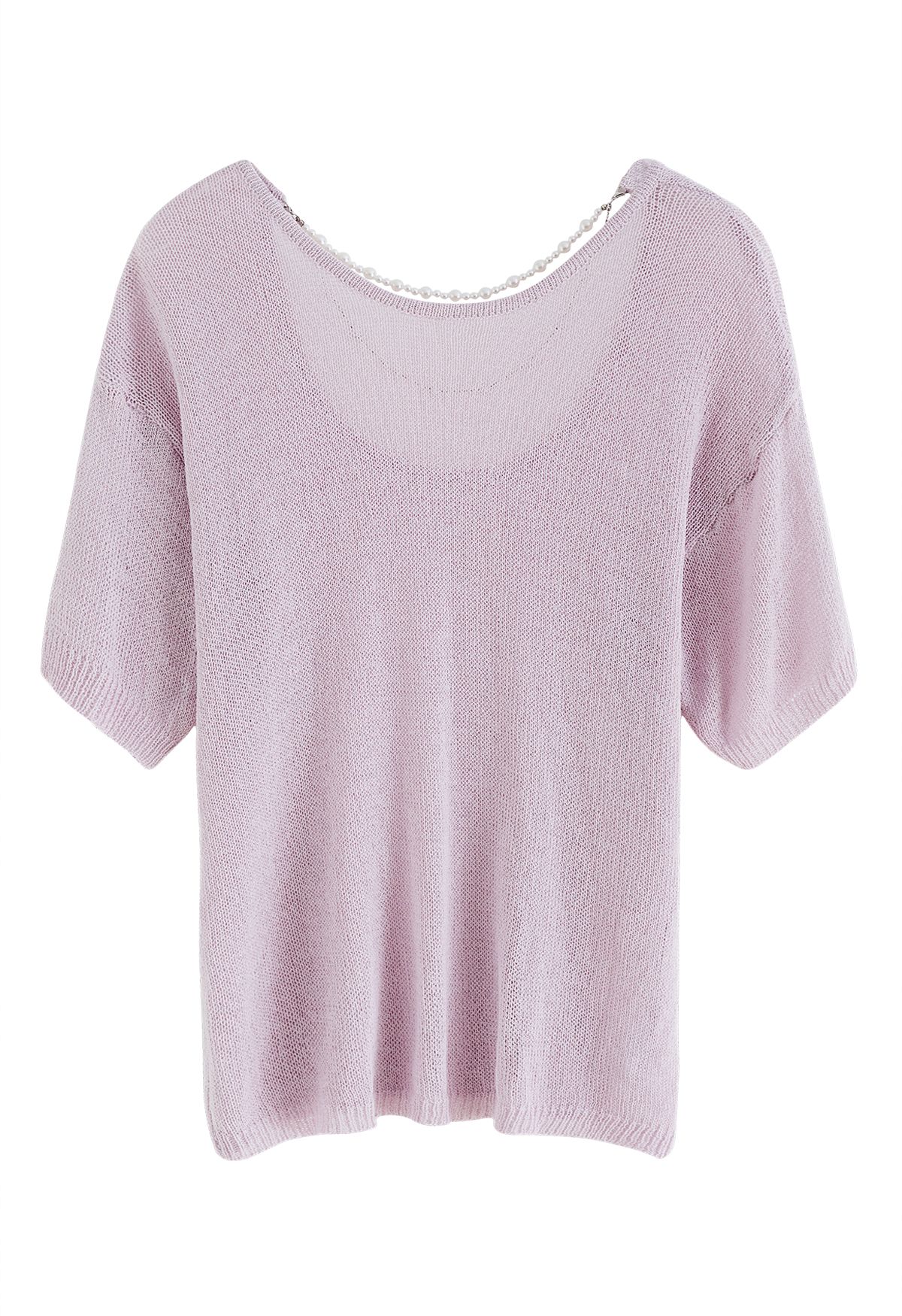 Pearl Necklace Short Sleeve Knit Top in Lilac