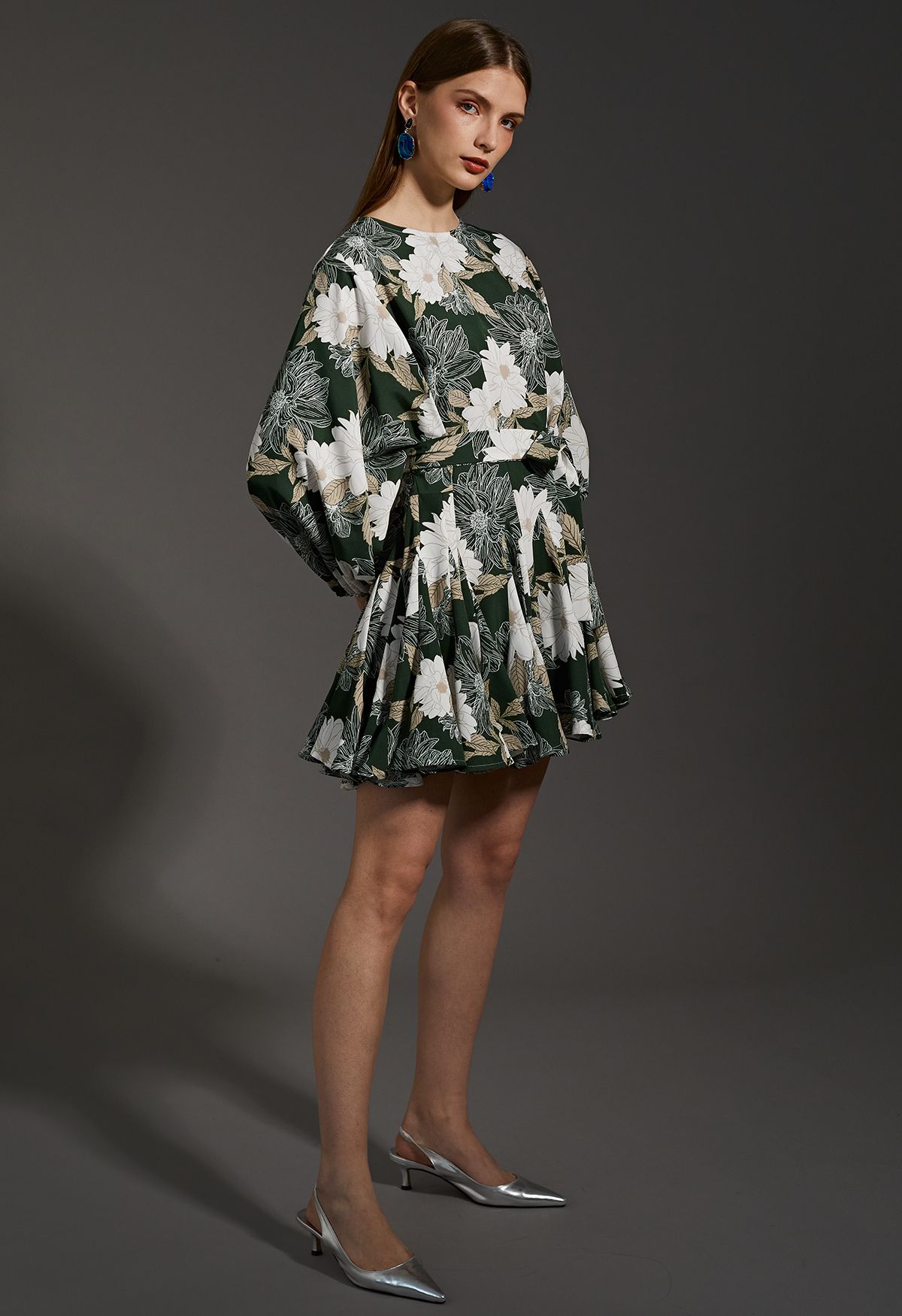 Marguerite Print Bubble Sleeves Frilling Dress in Green