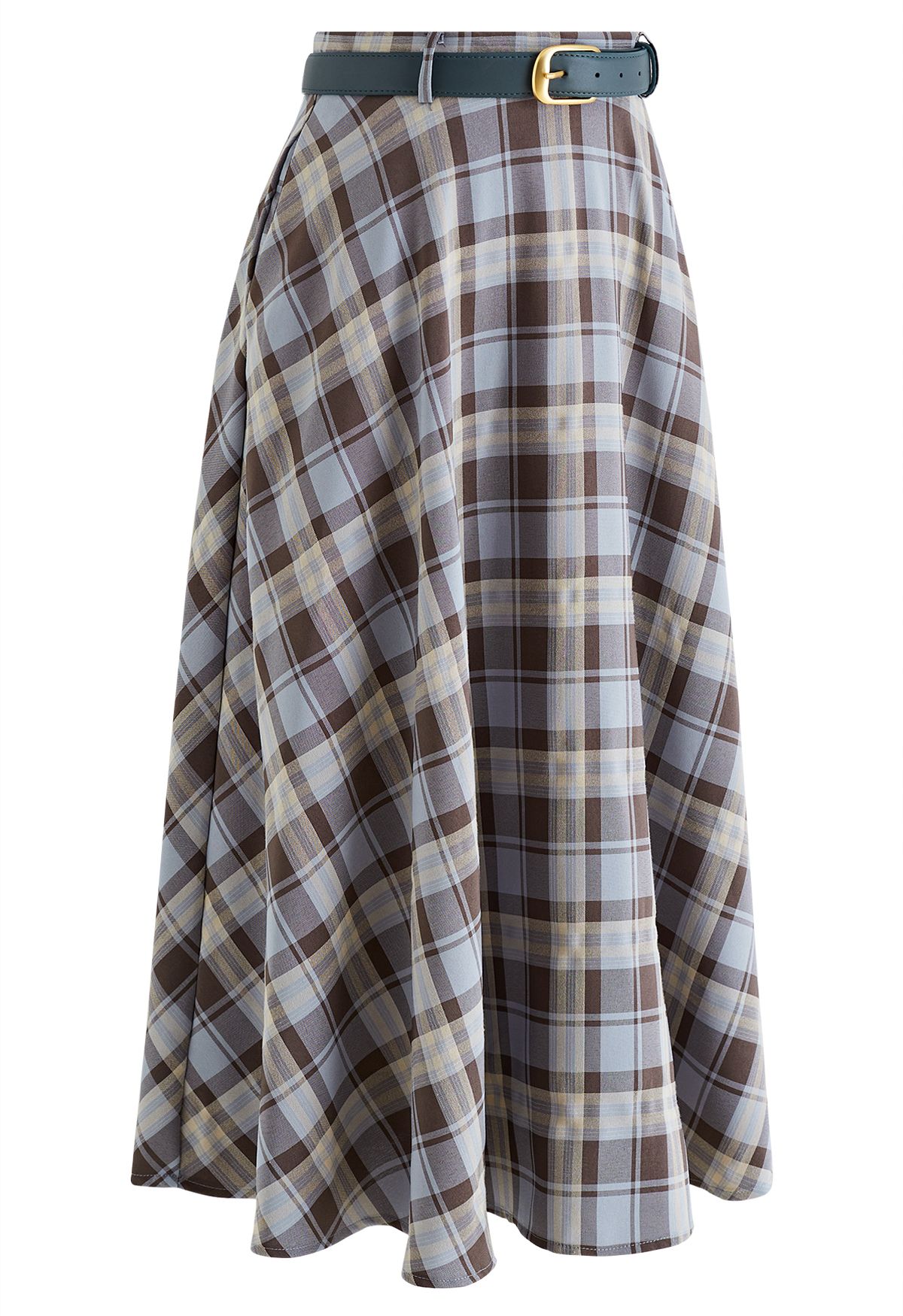 Vintage Belted Plaid Midi Skirt in Dusty Blue