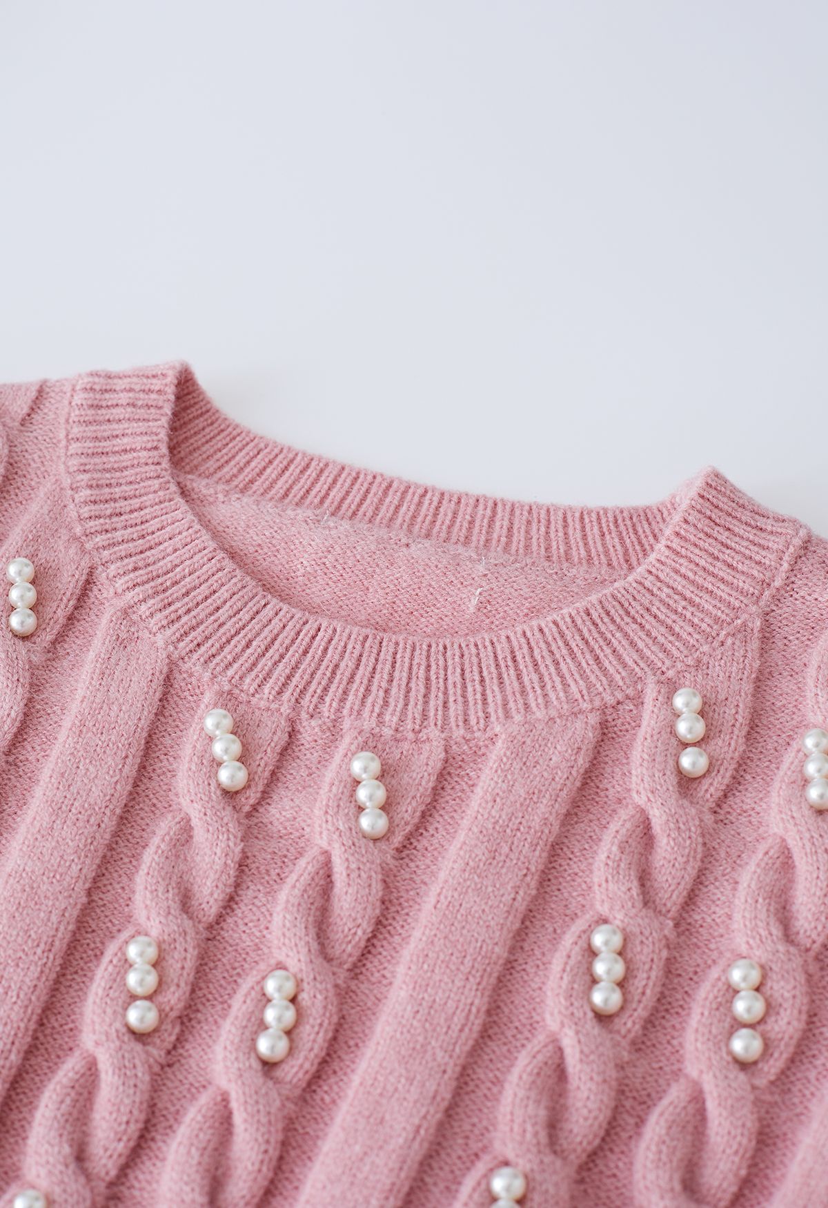 Pearl Embellished Braid Knit Top in Pink