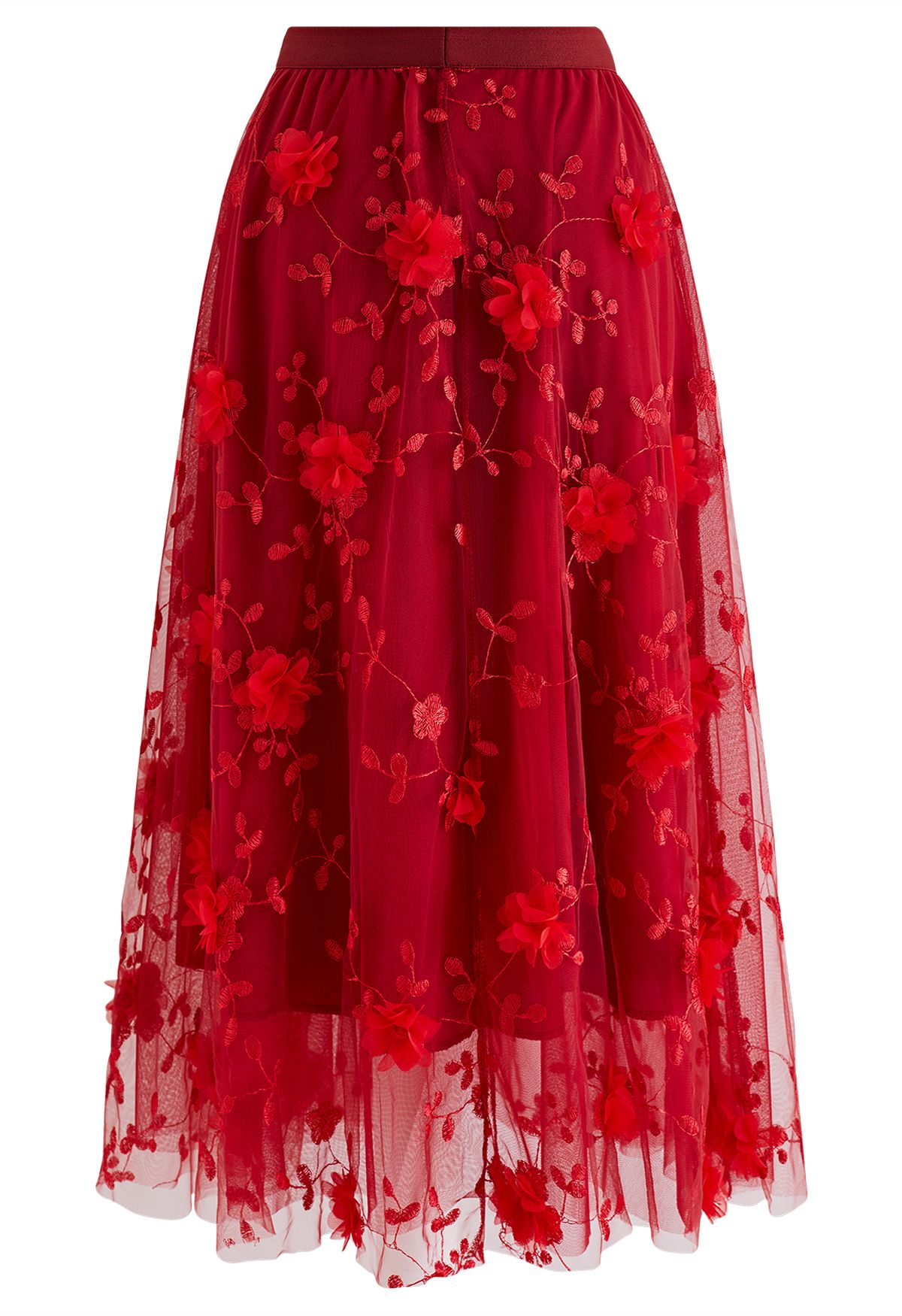 3D Mesh Flower Embroidered Tulle Midi Skirt in Red