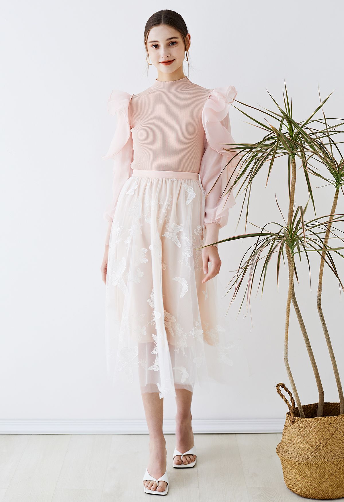 Tiered Ruffle Sleeves Spliced Knit Top in Pink