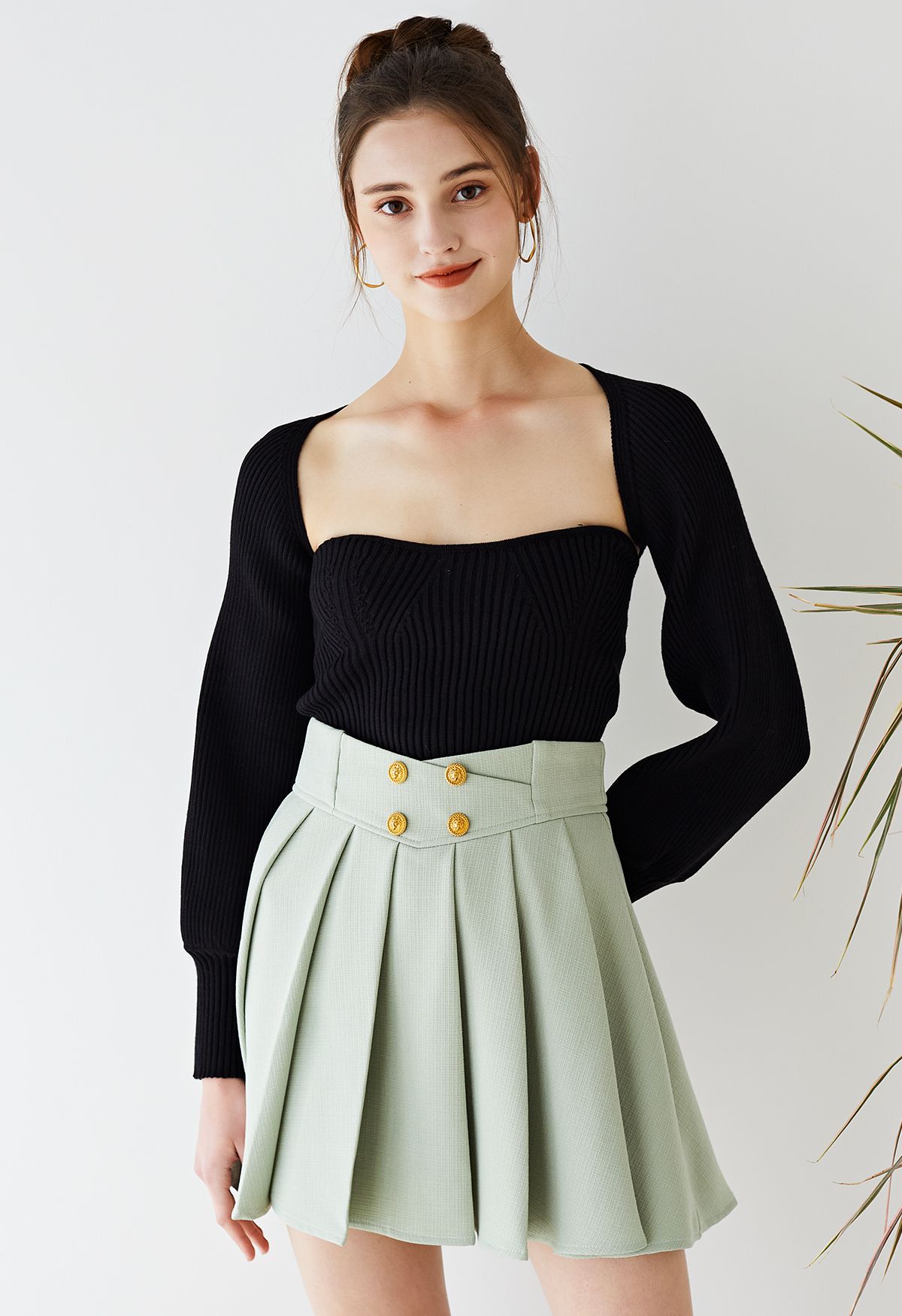 Golden Button Pleated Flare Mini Skirt in Pistachio - Retro, Indie and ...