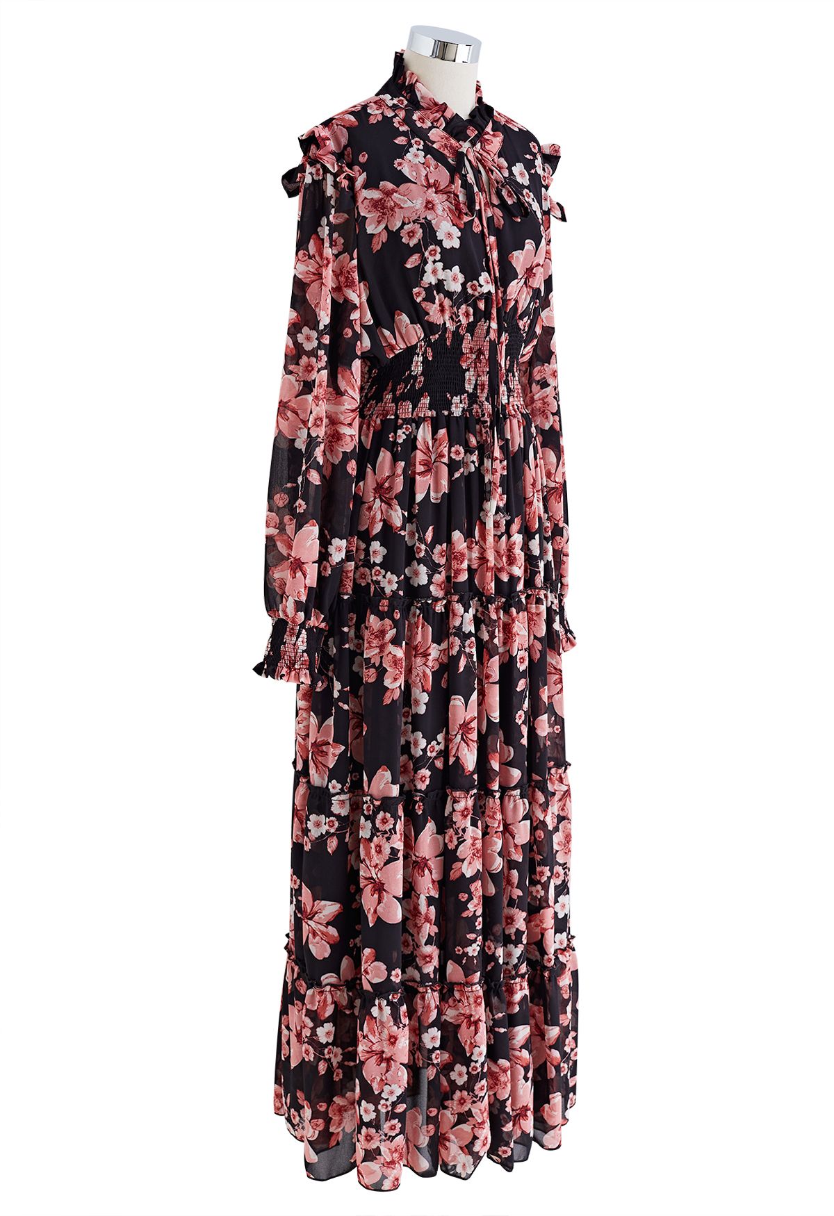 Darling Blush Pink Floral Tie Neck Maxi Dress in Black