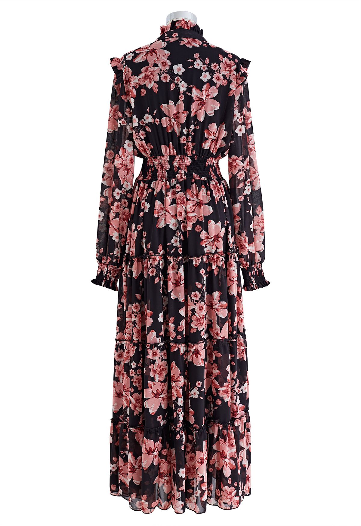 Darling Blush Pink Floral Tie Neck Maxi Dress in Black