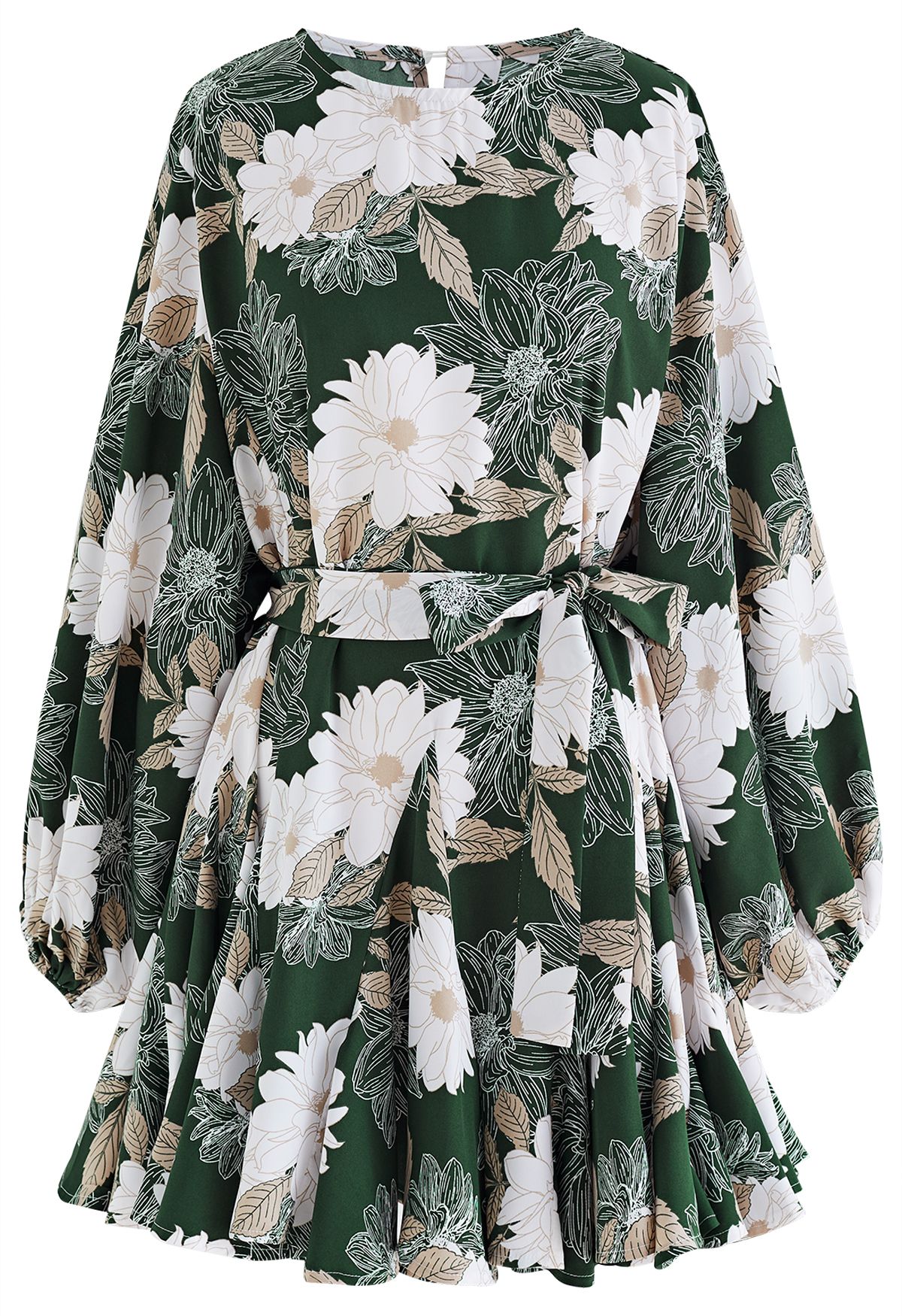 Marguerite Print Bubble Sleeves Frilling Dress in Green
