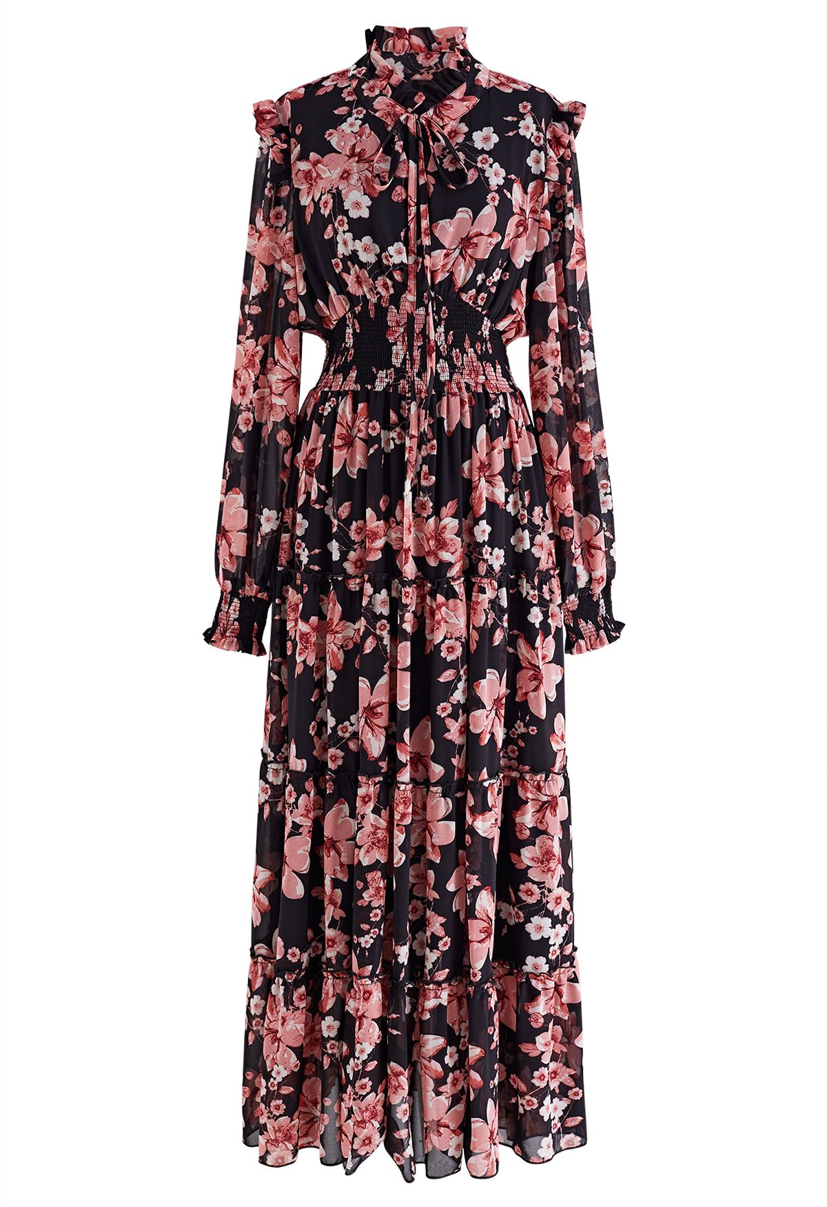 Darling Blush Pink Floral Tie Neck Maxi Dress in Black