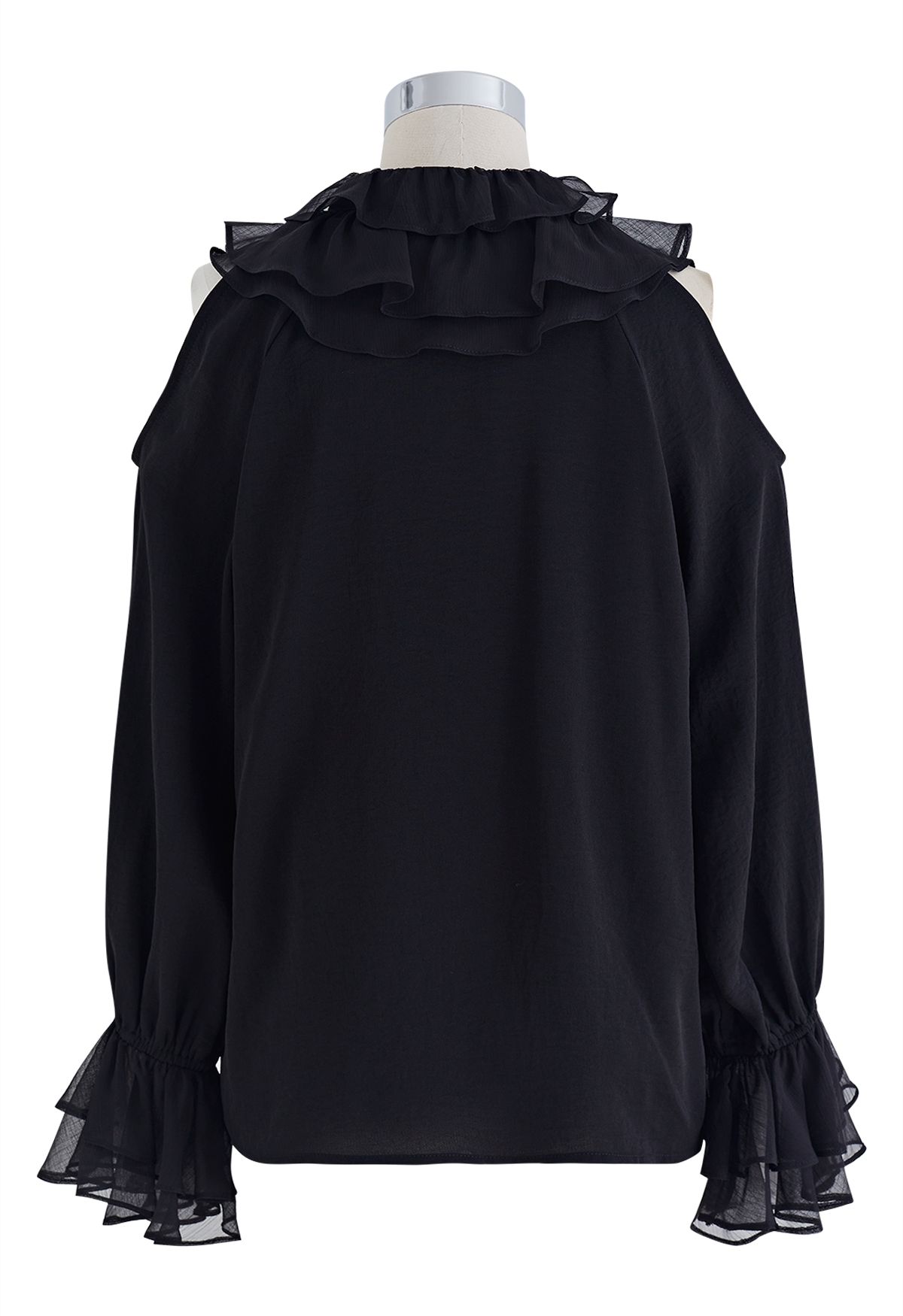 Tiered Ruffle Cold-Shoulder Chiffon Top in Black