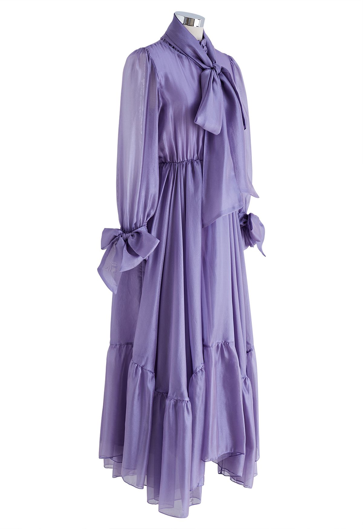 Gorgeous Bow Neck Sheer Mesh Frilling Dress in Lilac