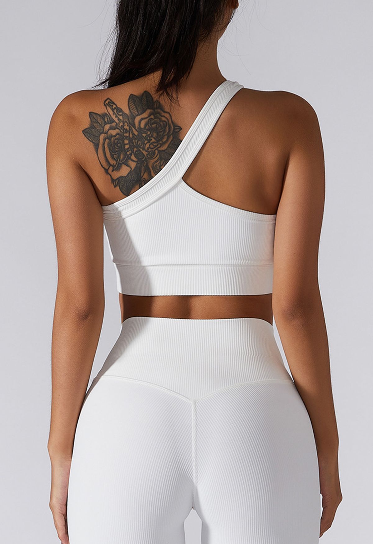 Slanted Halter Neck Ribbed Sports Bra in White