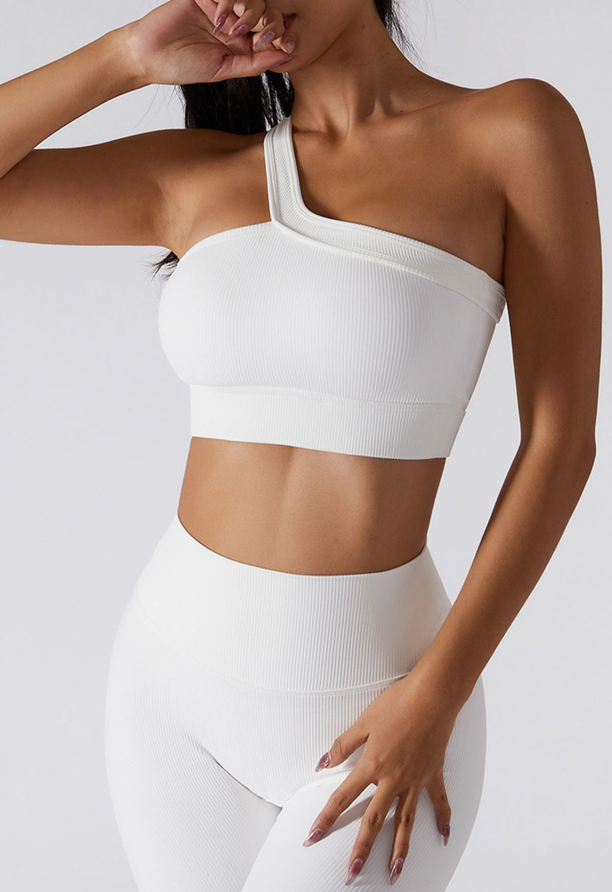 Slanted Halter Neck Ribbed Sports Bra in White