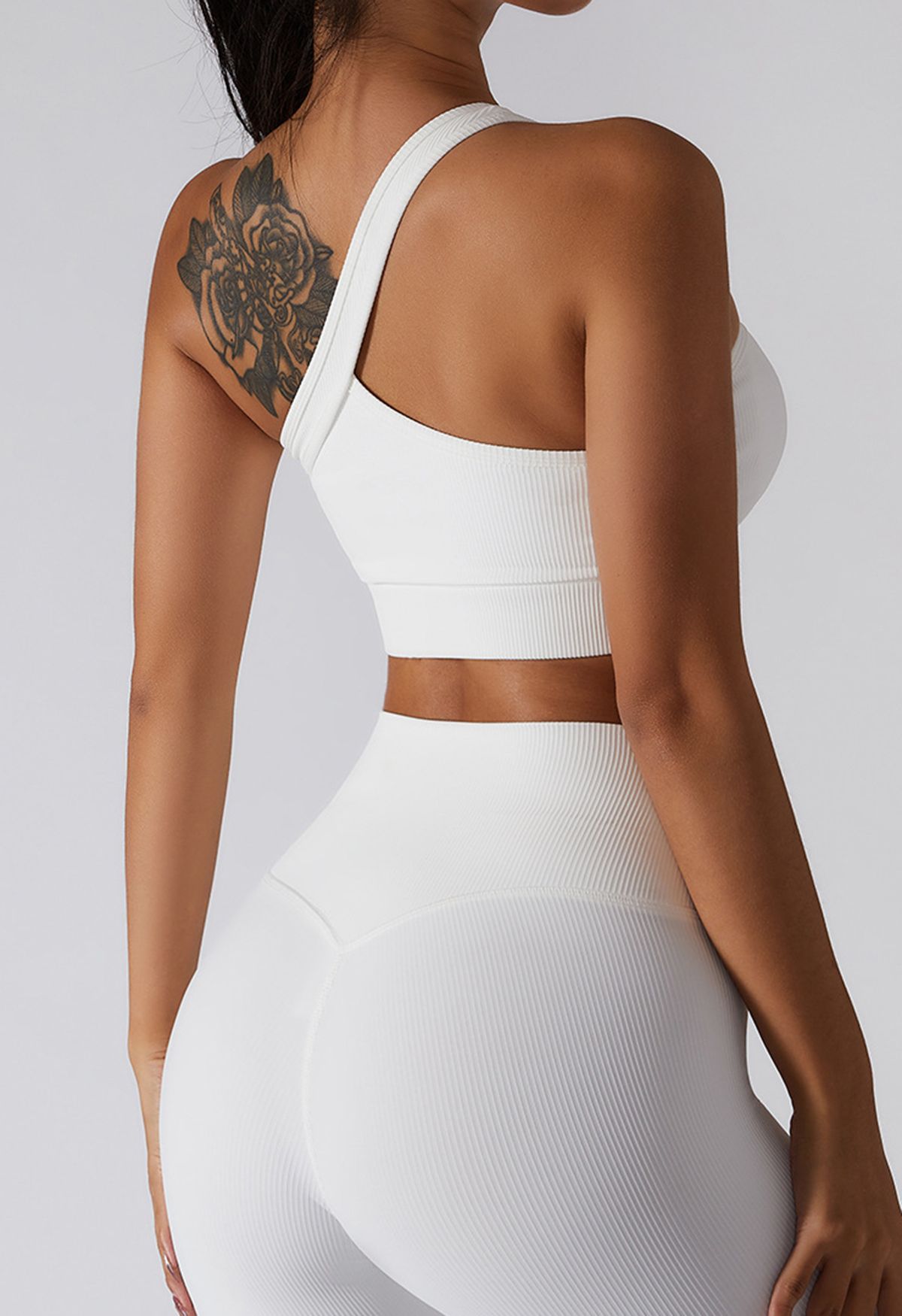 Slanted Halter Neck Ribbed Sports Bra in White