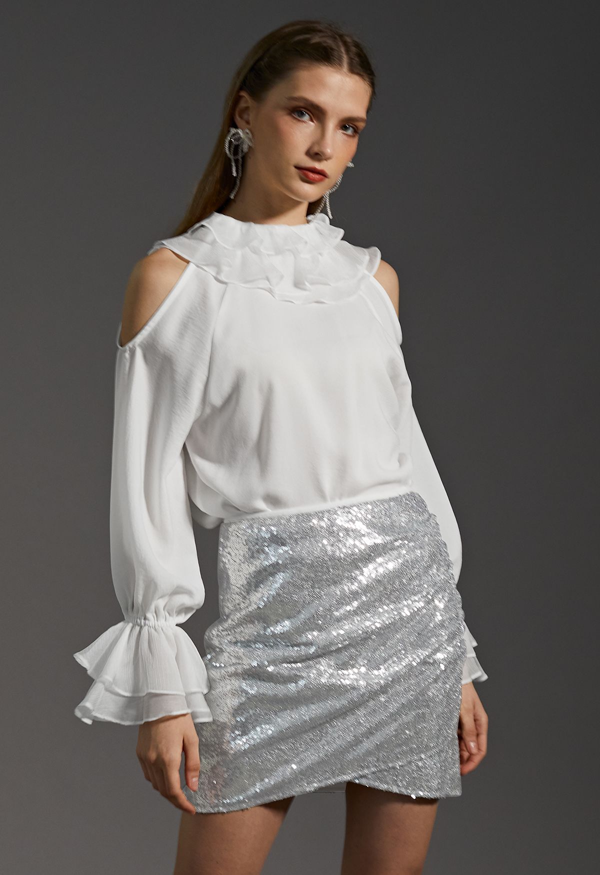 Tiered Ruffle Cold-Shoulder Chiffon Top in White