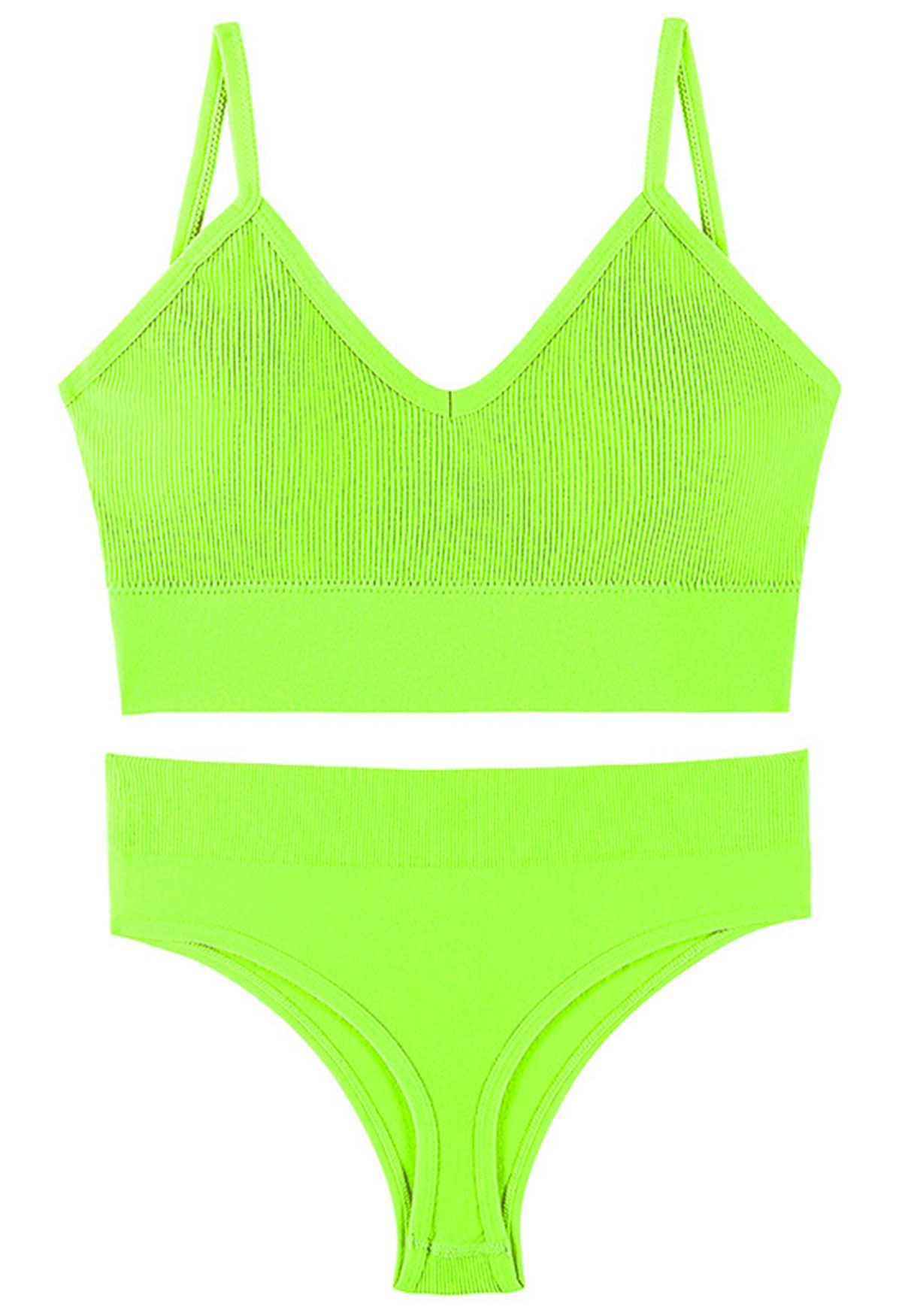 Plain Ribbed Lingerie Bra Top and Thong Set in Neon Green