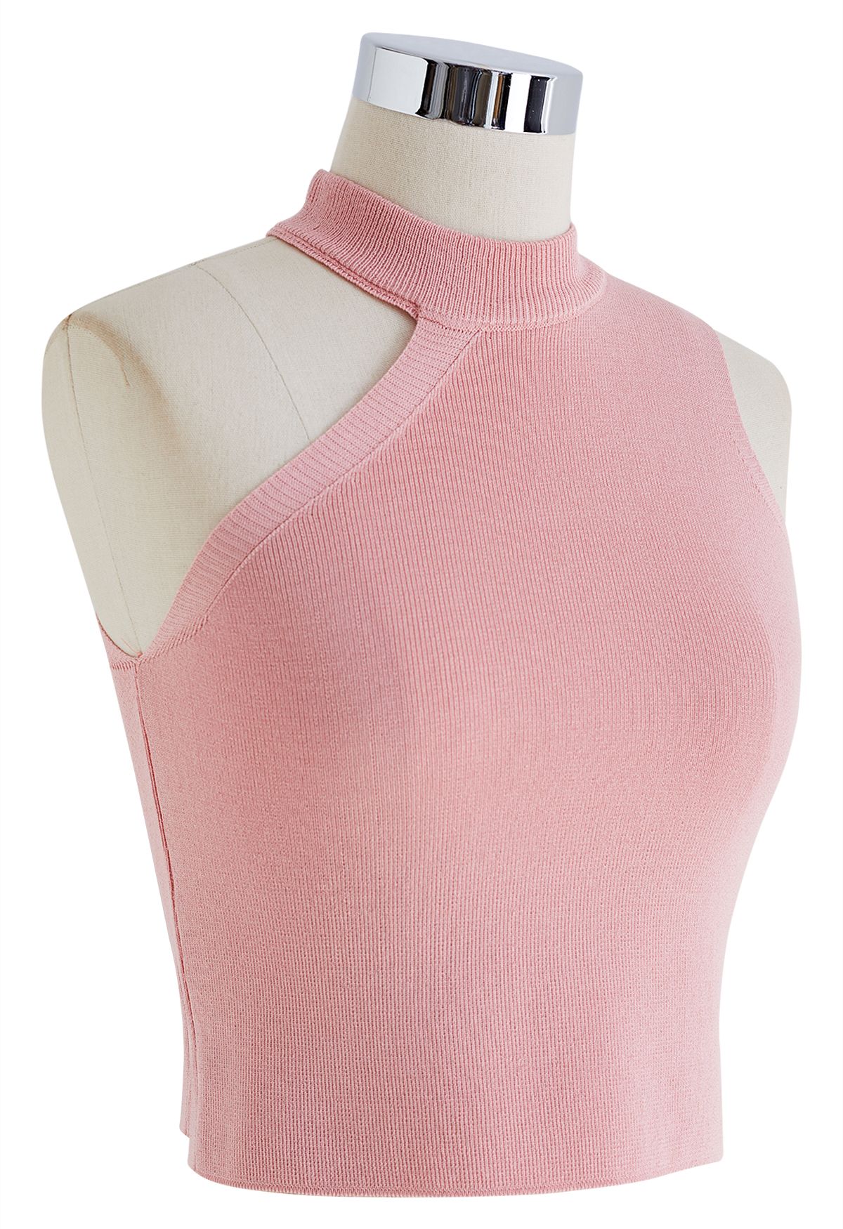 Asymmetric Halter Neck Knit Crop Top in Pink
