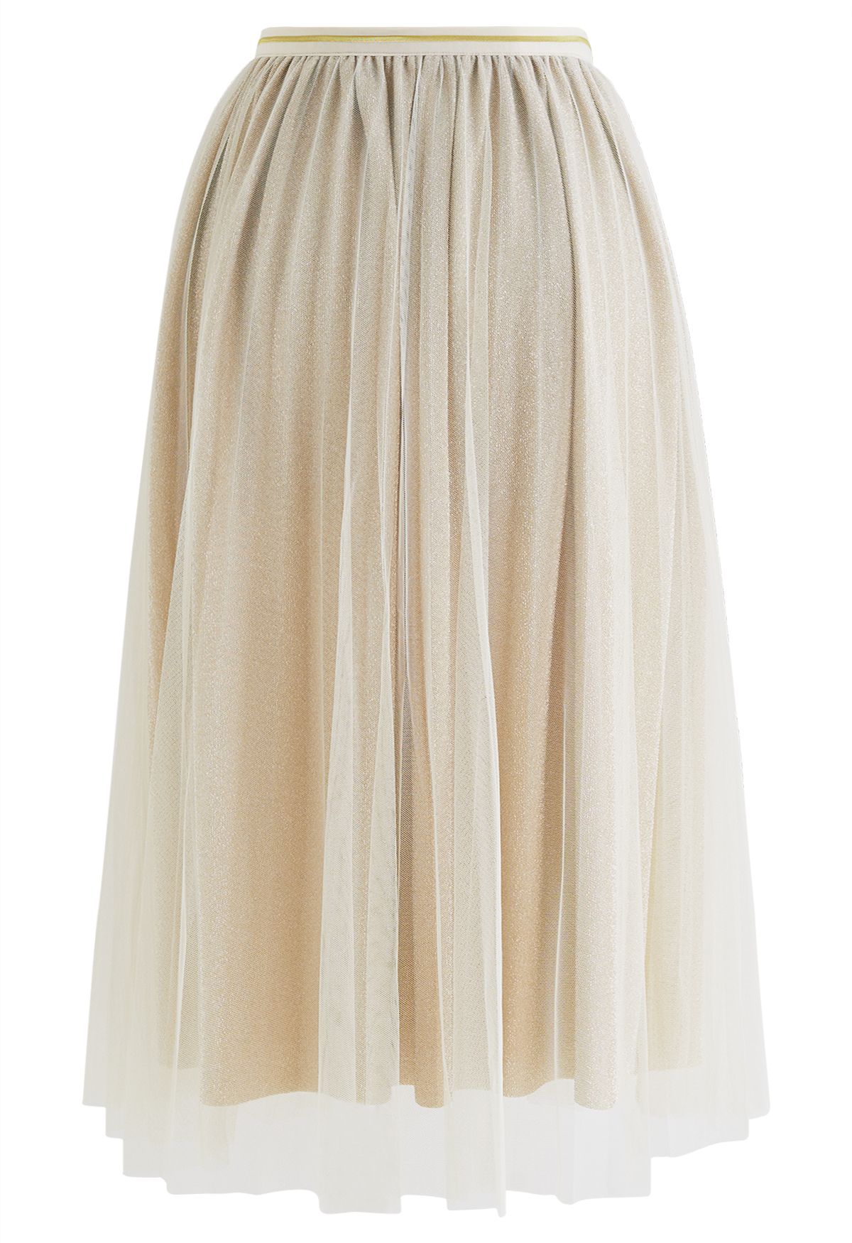 Glimmering Pleated Mesh Midi Skirt in Champagne