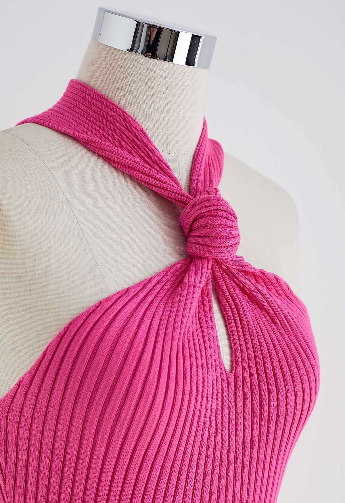 Knot Halter Neck Knit Crop Top in Hot Pink