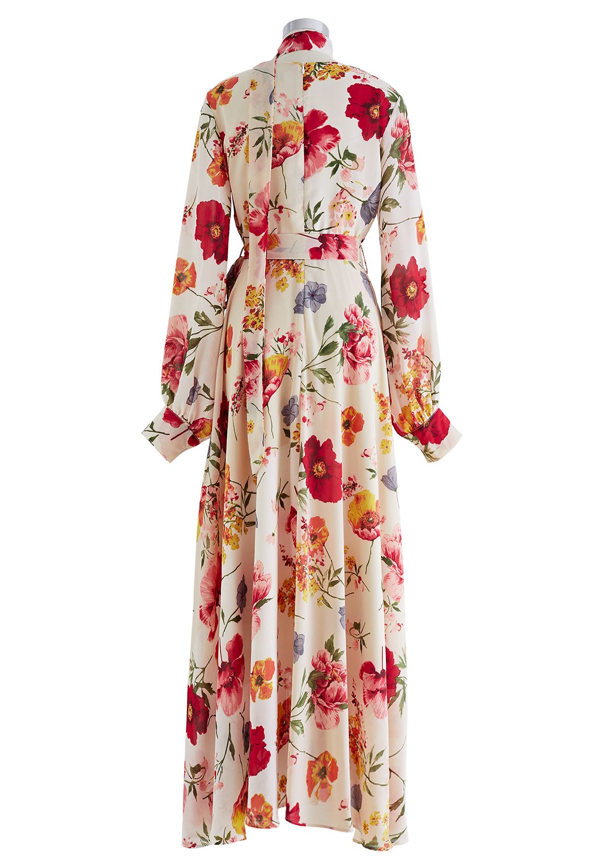 Scarf Plunging Vernal Blossom Chiffon Maxi Dress in Cream