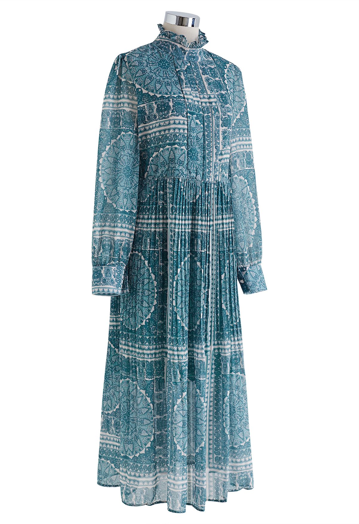 Boho Paisley Pleated Chiffon Midi Dress in Teal