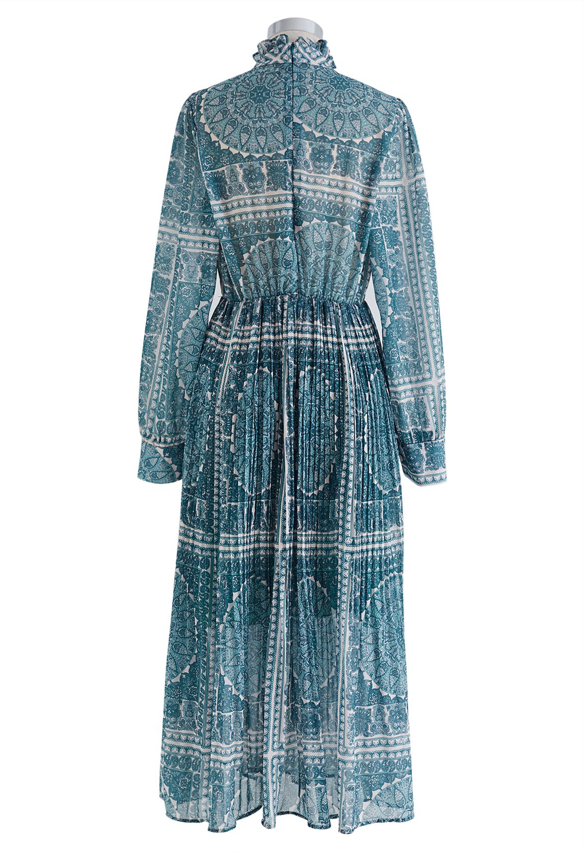 Boho Paisley Pleated Chiffon Midi Dress in Teal