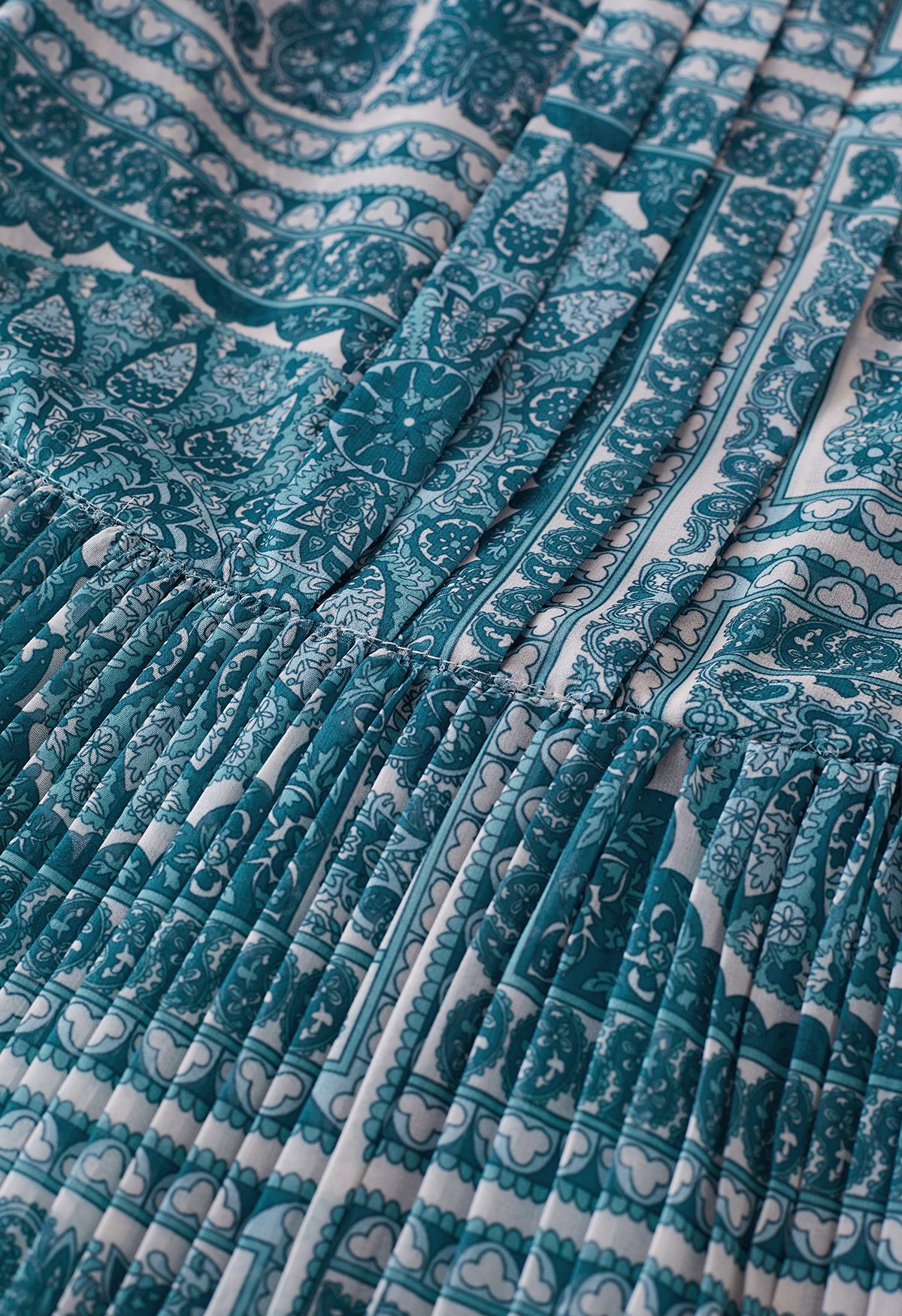 Boho Paisley Pleated Chiffon Midi Dress in Teal