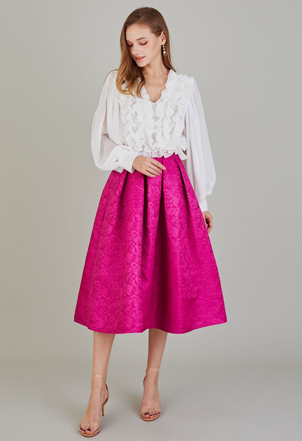 Noble Embossed Floral Jacquard Midi Skirt in Magenta