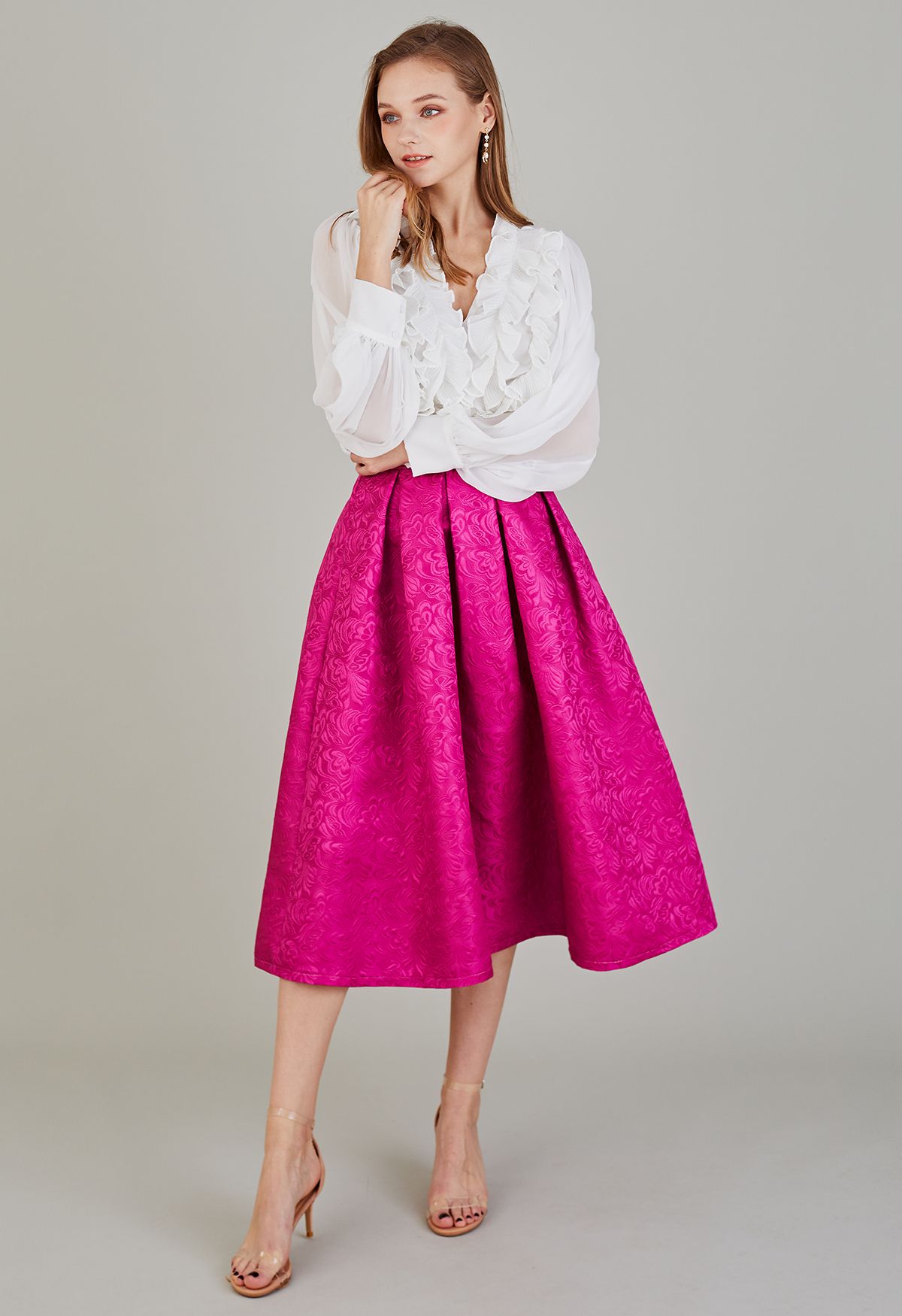 Noble Embossed Floral Jacquard Midi Skirt in Magenta