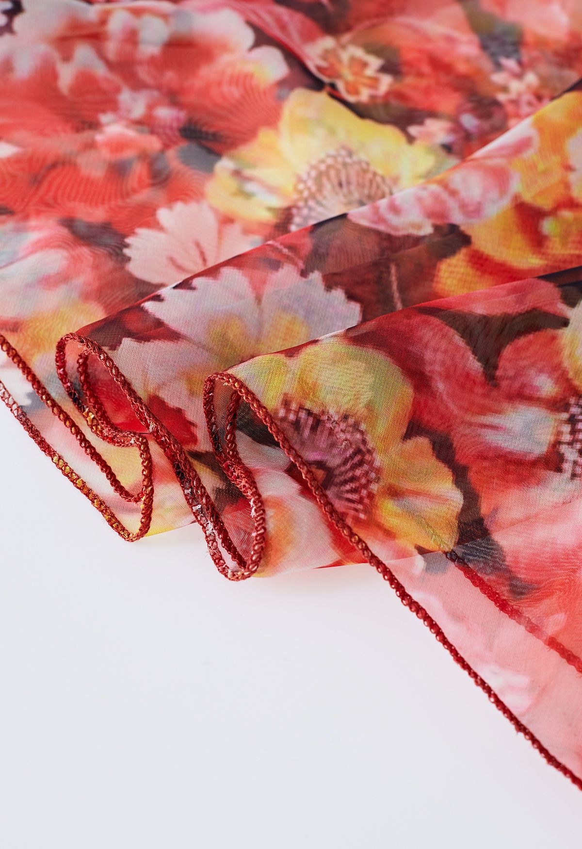 Reddish Flower Printed Chiffon Maxi Skirt